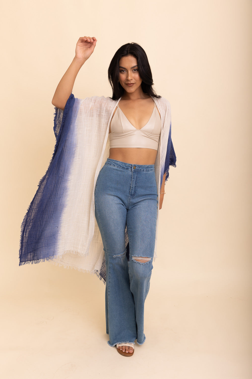 A lightweight cotton kimono in soothing blue and purple hues, featuring wide sleeves and a relaxed fit, perfect for casual wear.