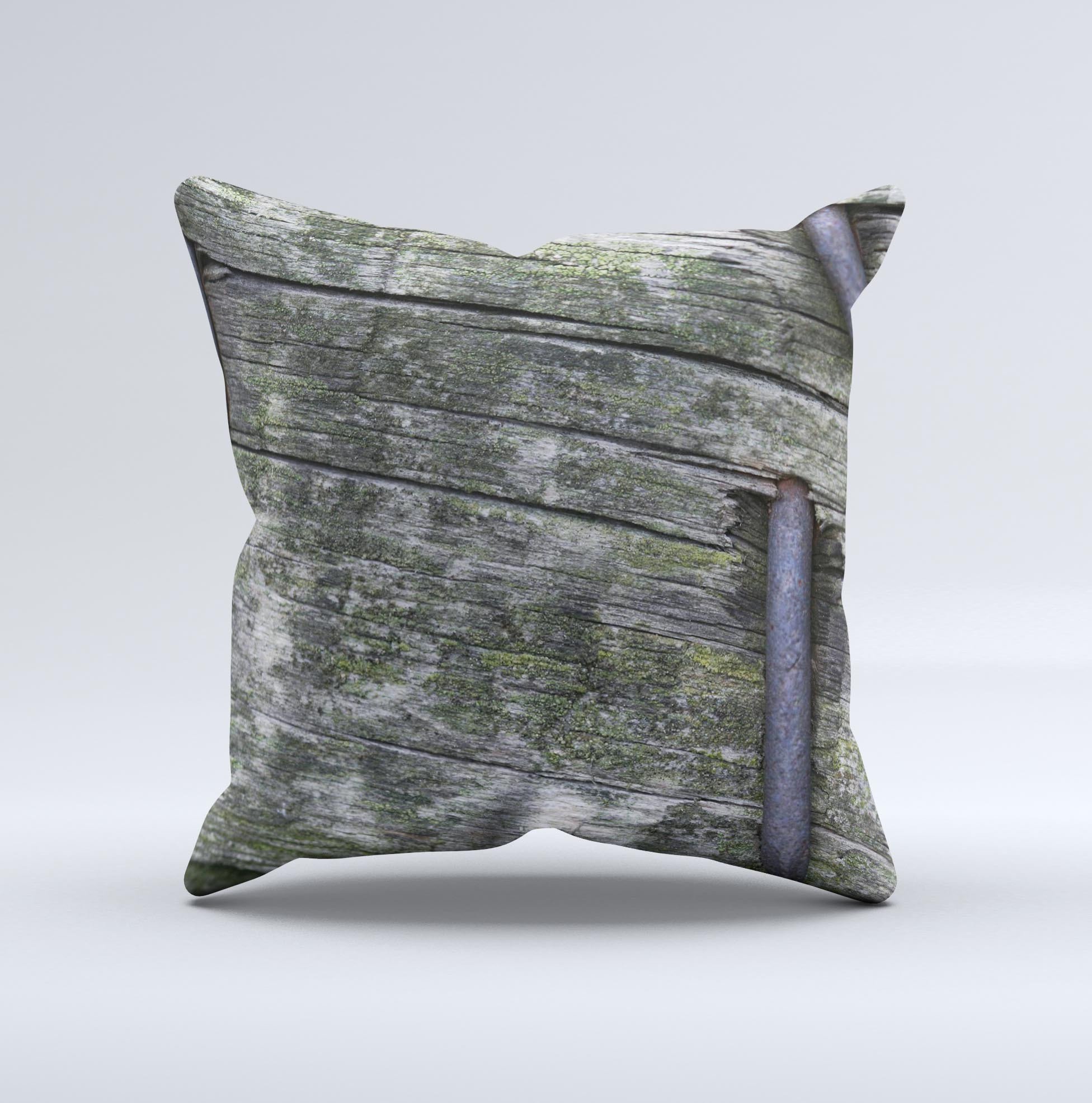 Nailed Mossy Wooden Planks decorative throw pillow with unique ink-fuzed design, showcasing rustic charm and handcrafted quality.