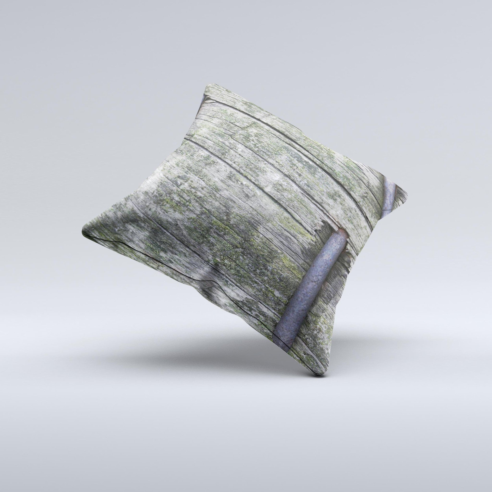 Nailed Mossy Wooden Planks decorative throw pillow with unique ink-fuzed design, showcasing rustic charm and handcrafted quality.