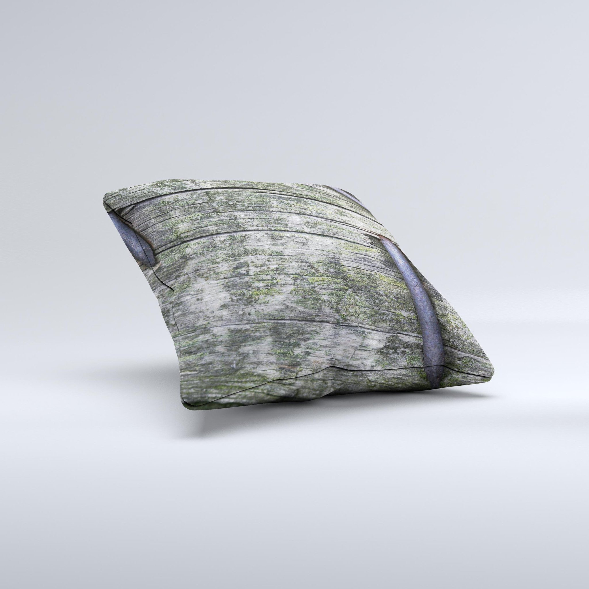 Nailed Mossy Wooden Planks decorative throw pillow with unique ink-fuzed design, showcasing rustic charm and handcrafted quality.