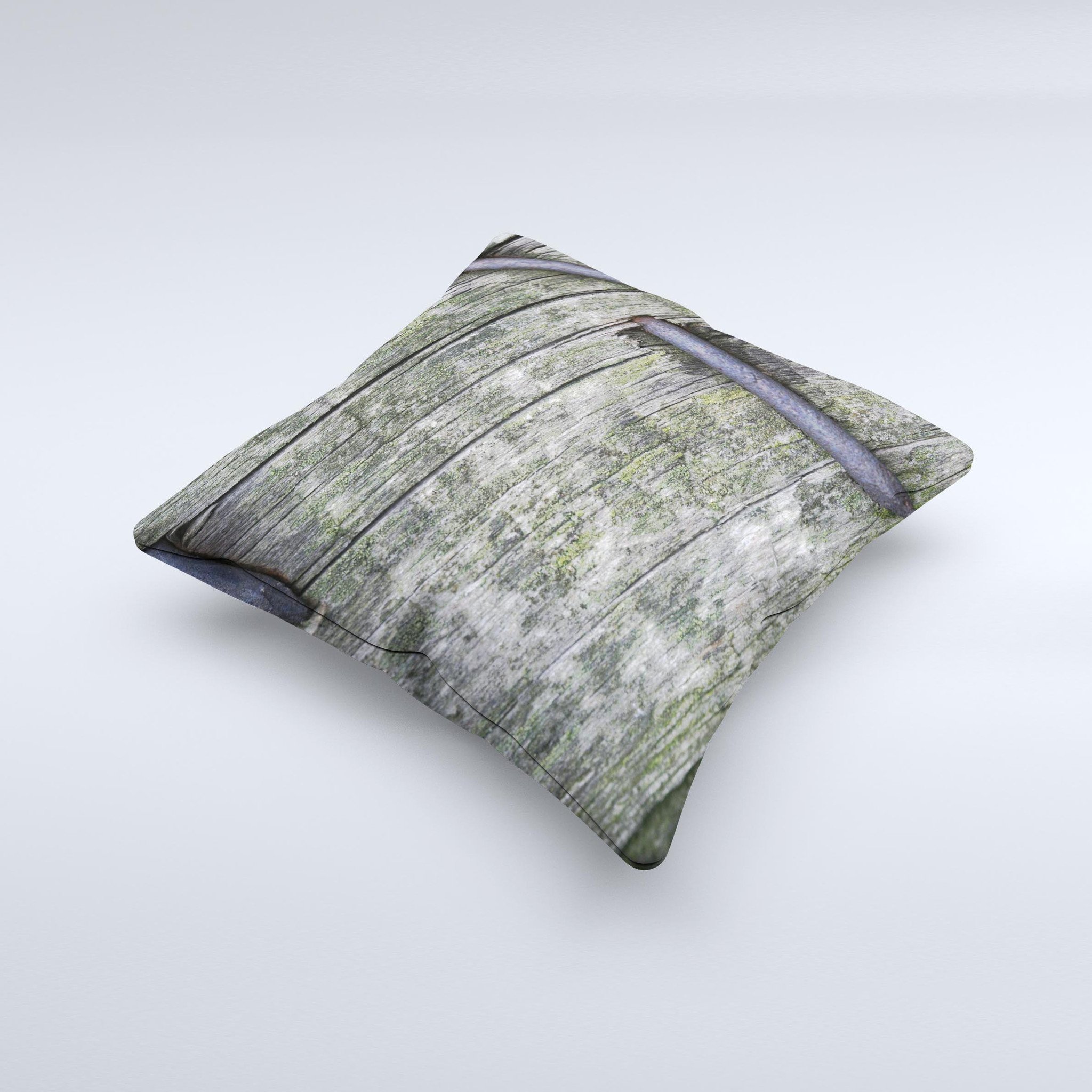 Nailed Mossy Wooden Planks decorative throw pillow with unique ink-fuzed design, showcasing rustic charm and handcrafted quality.