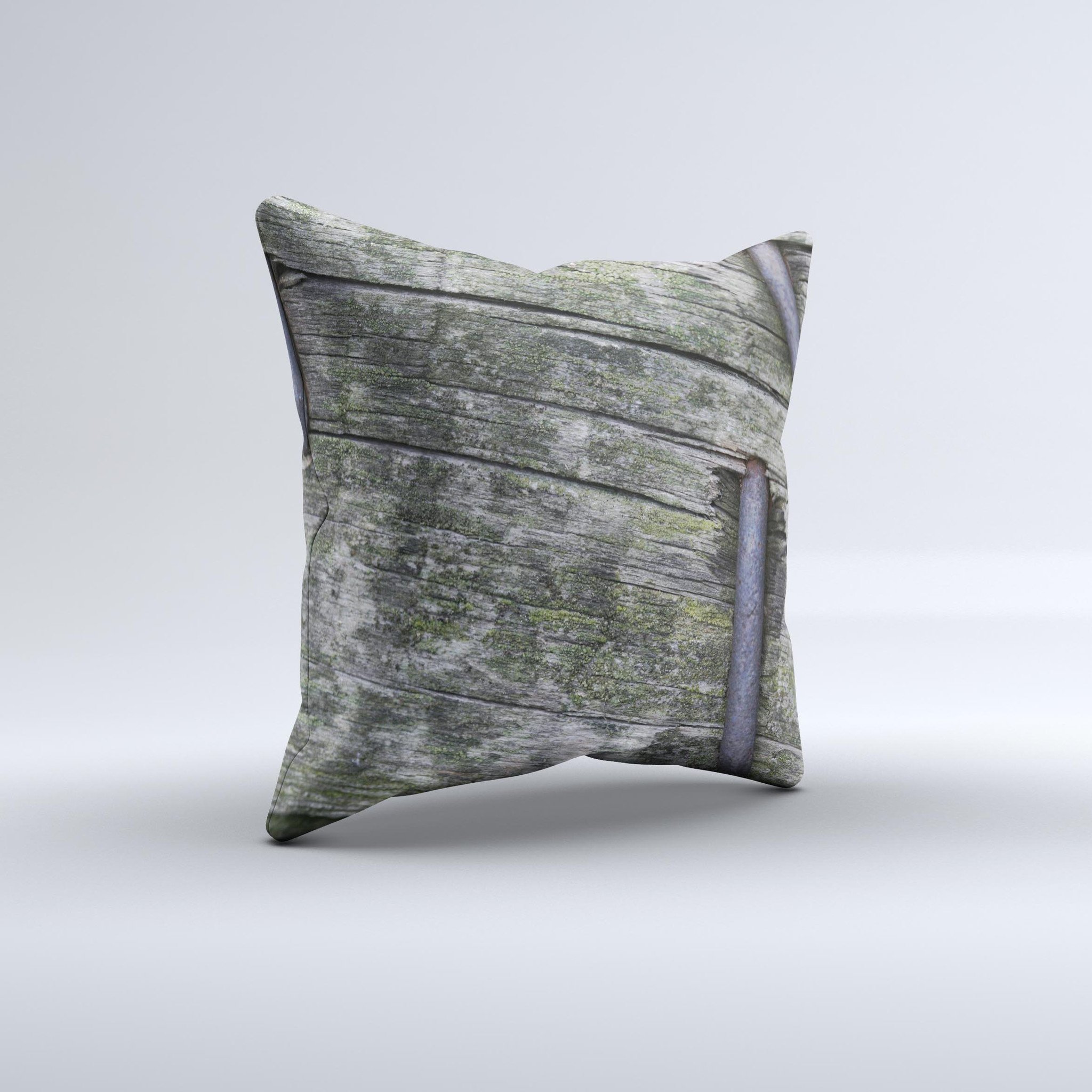 Nailed Mossy Wooden Planks decorative throw pillow with unique ink-fuzed design, showcasing rustic charm and handcrafted quality.