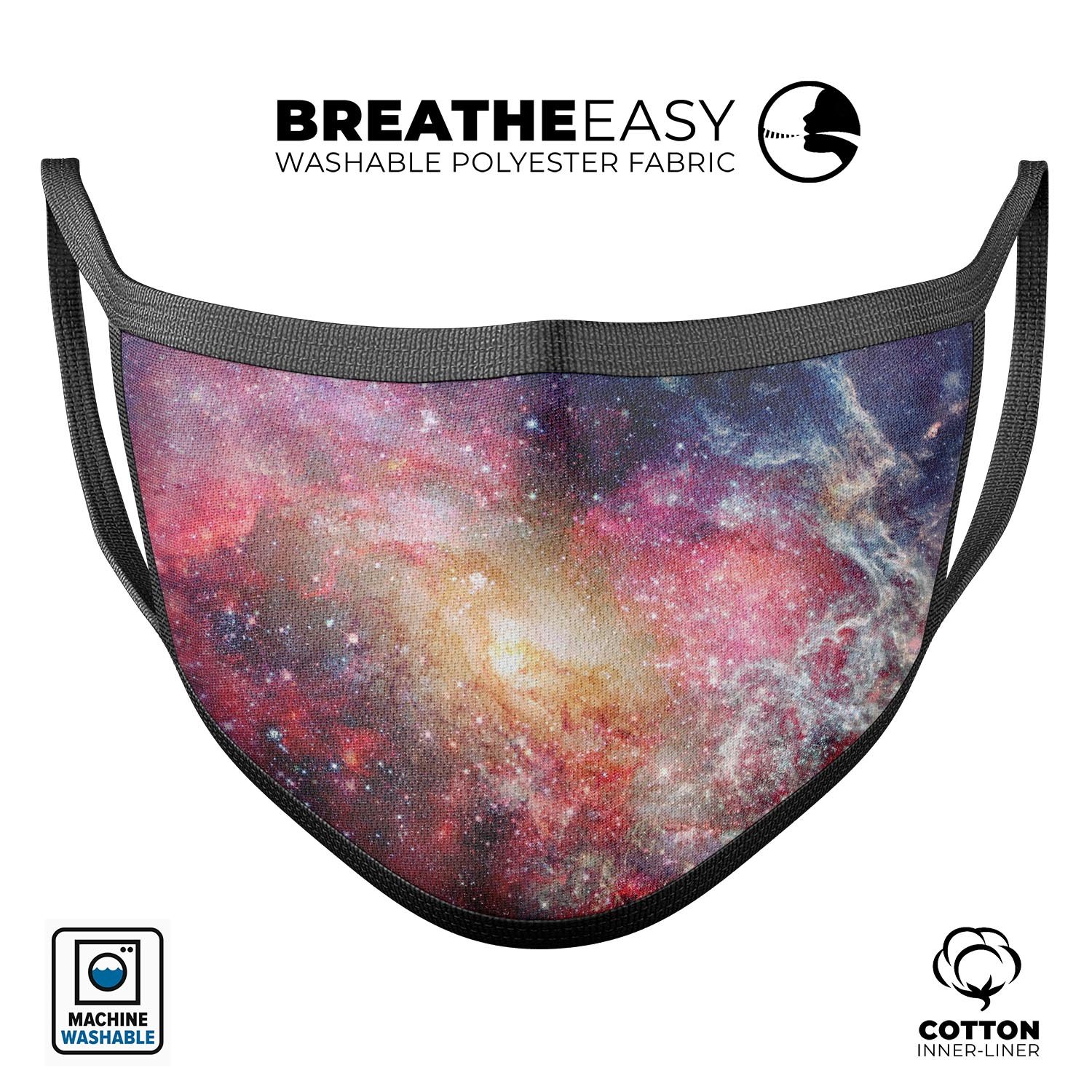 NASA Inspired Deep Nebula mouth cover, featuring a vibrant cosmic design, made from soft cotton and memory foam for comfort.