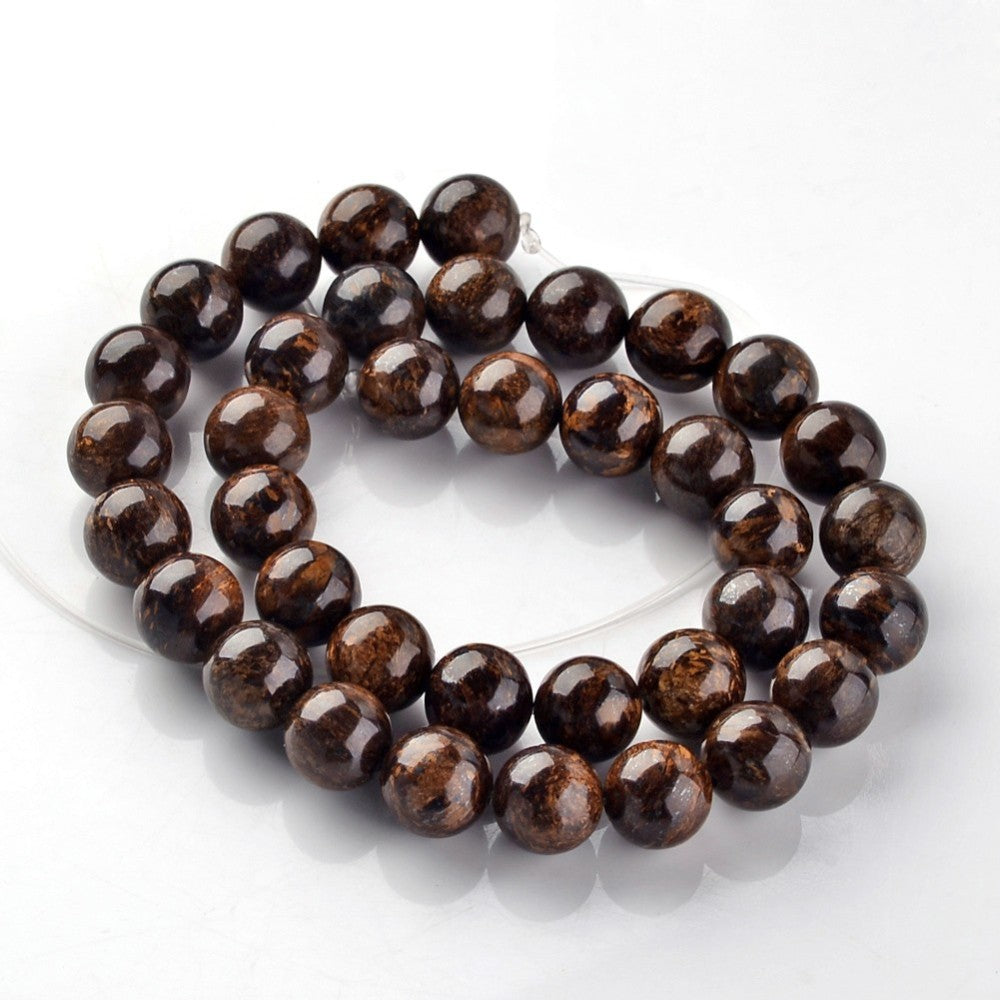 Natural bronzite round beads strands, 10mm diameter with 1mm hole, showcasing earthy tones and unique patterns.