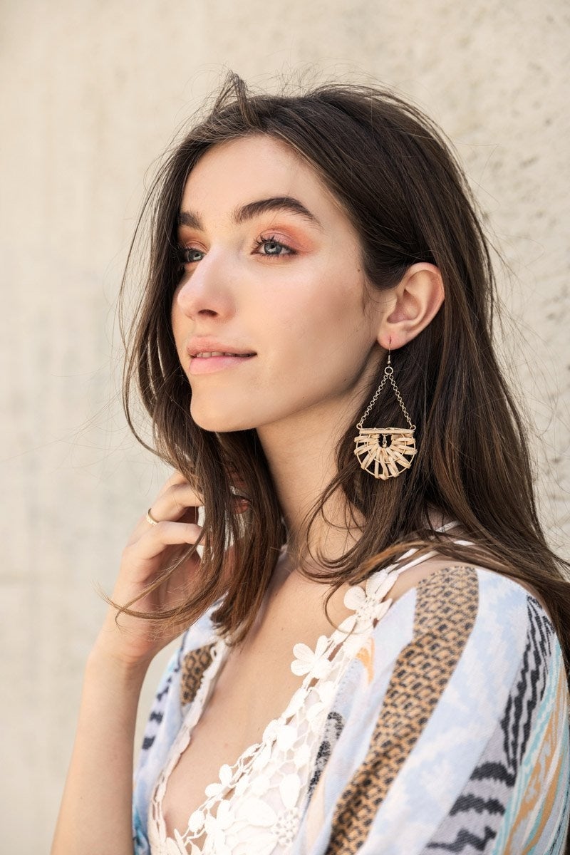 Natural Drop Woven Earrings featuring a chic design with French hooks, made from iron and bamboo.