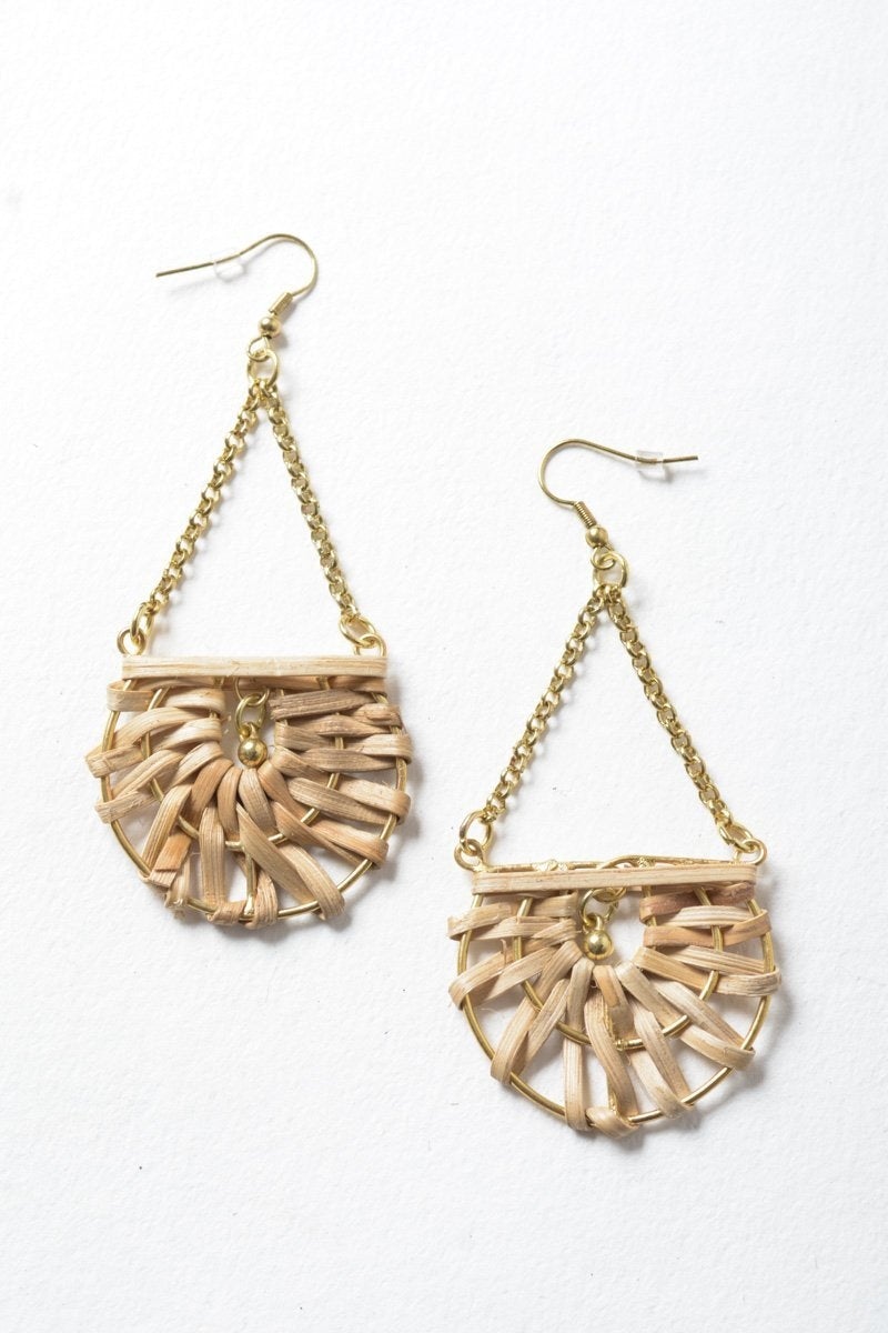 Natural Drop Woven Earrings featuring a chic design with French hooks, made from iron and bamboo.