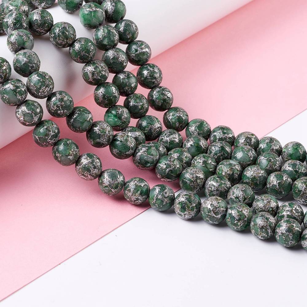 Natural Green Calcite Beads Strands featuring round 8mm beads with a zinc alloy line, ideal for jewelry making.