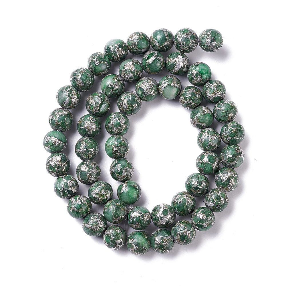 Natural Green Calcite Beads Strands featuring round 8mm beads with a zinc alloy line, ideal for jewelry making.