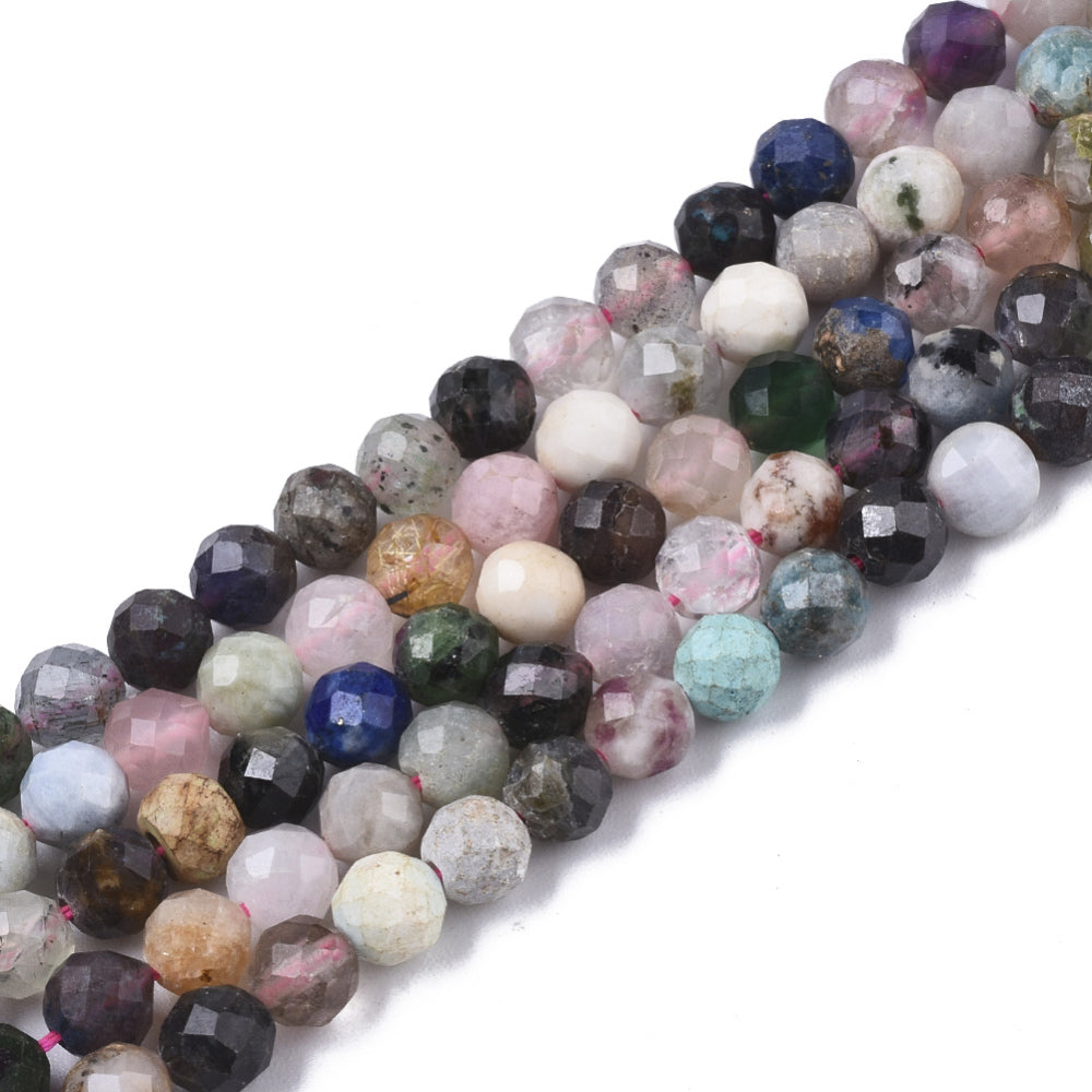 A collection of natural mixed stone beads strands featuring faceted round beads in various colors and textures, ideal for jewelry making.