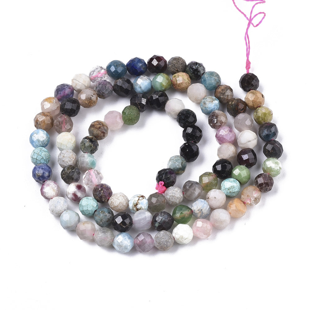 A collection of natural mixed stone beads strands featuring faceted round beads in various colors and textures, ideal for jewelry making.