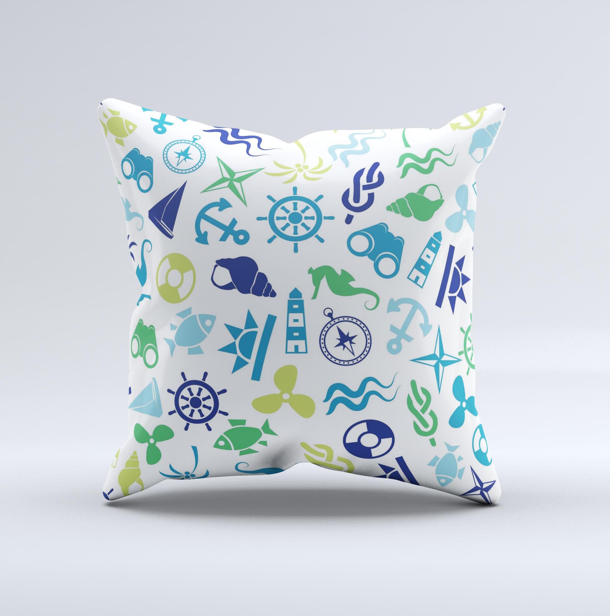 A beautifully handcrafted Nautical Vector Shapes Ink-Fuzed Decorative Throw Pillow featuring unique nautical designs, made in Virginia.