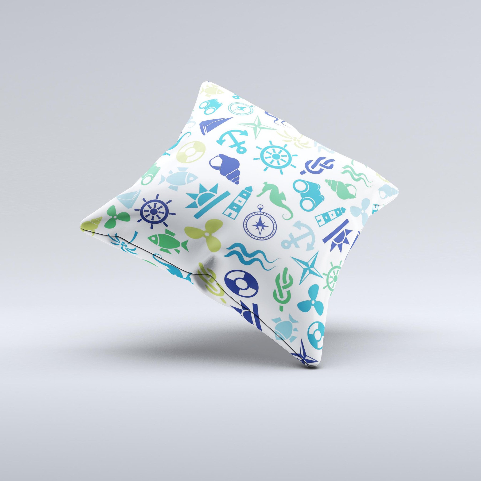 A beautifully handcrafted Nautical Vector Shapes Ink-Fuzed Decorative Throw Pillow featuring unique nautical designs, made in Virginia.