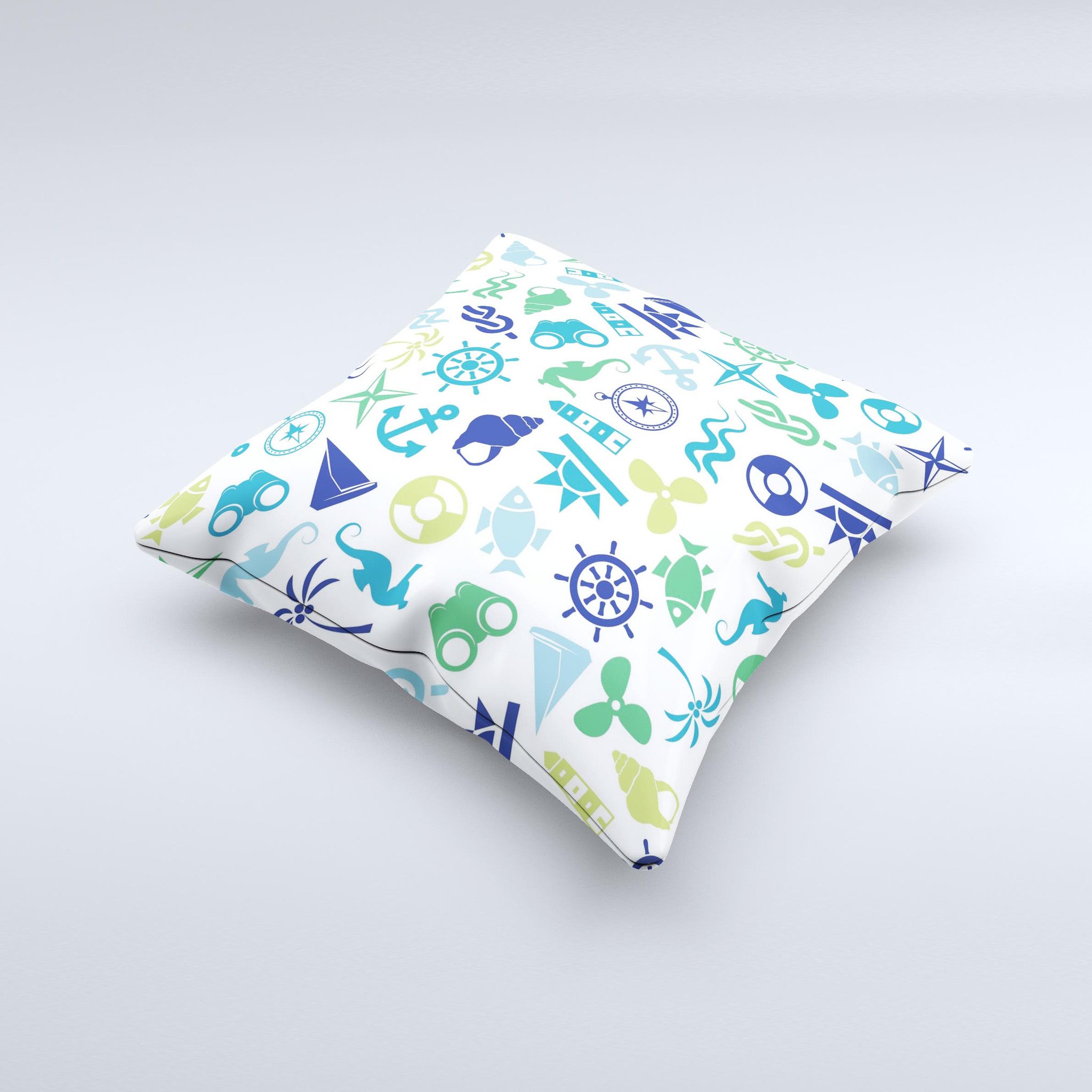 A beautifully handcrafted Nautical Vector Shapes Ink-Fuzed Decorative Throw Pillow featuring unique nautical designs, made in Virginia.