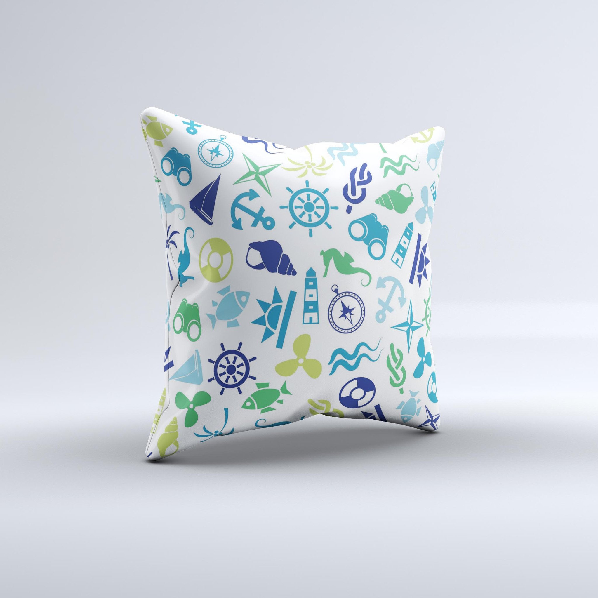 A beautifully handcrafted Nautical Vector Shapes Ink-Fuzed Decorative Throw Pillow featuring unique nautical designs, made in Virginia.