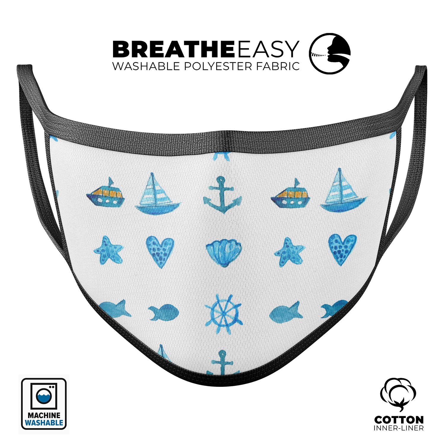 Nautical Watercolor Pattern mouth cover, showcasing vibrant colors and a comfortable fit, made in the USA.