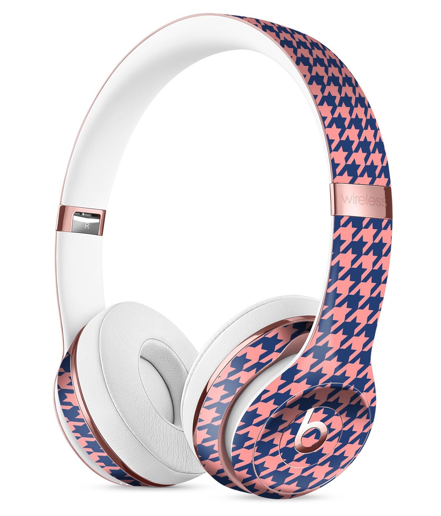 Navy and Coral Houndstooth Pattern Skin Kit for Beats by Dre Solo 3 Wireless Headphones, showcasing stylish design and premium vinyl material.