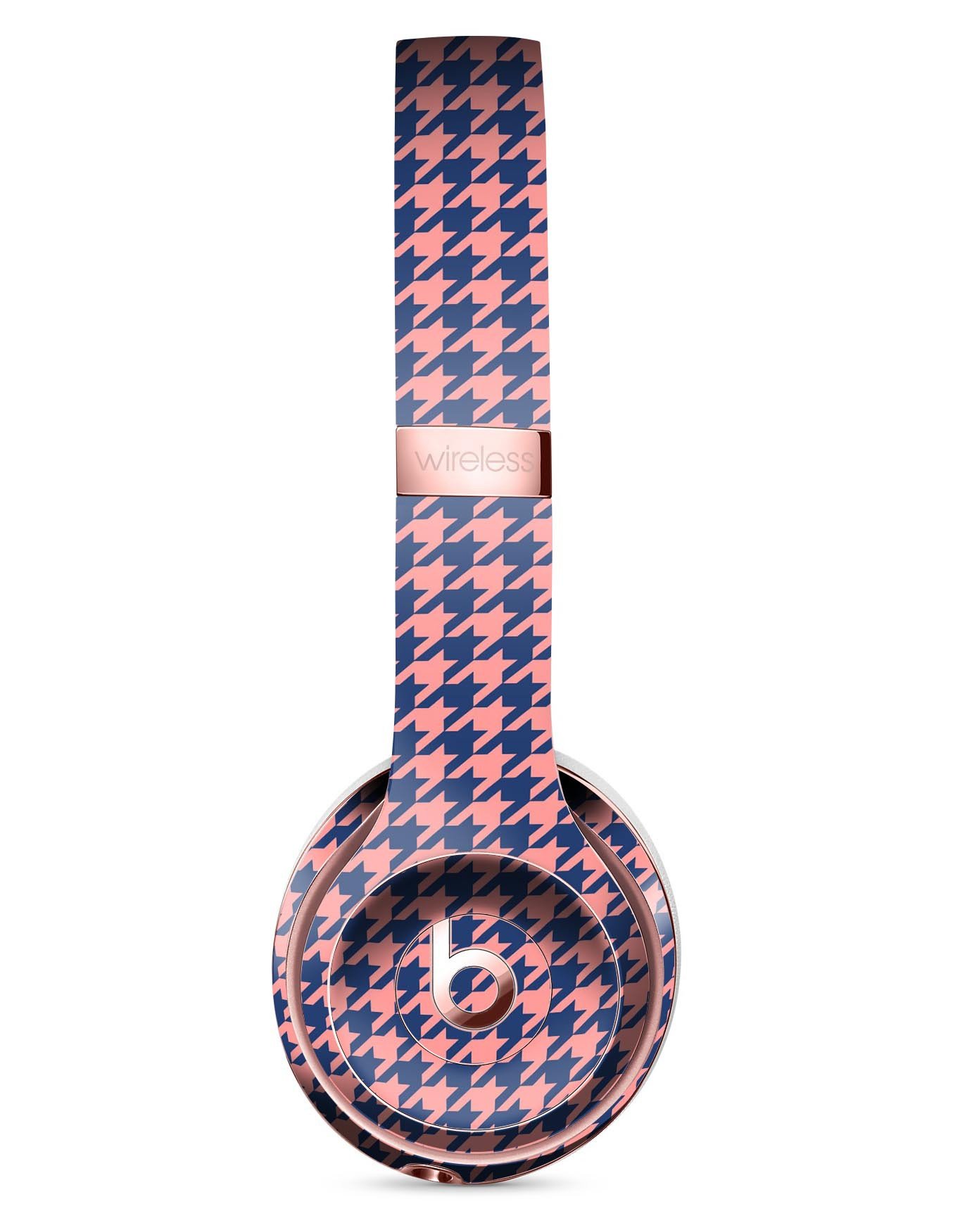 Navy and Coral Houndstooth Pattern Skin Kit for Beats by Dre Solo 3 Wireless Headphones, showcasing stylish design and premium vinyl material.