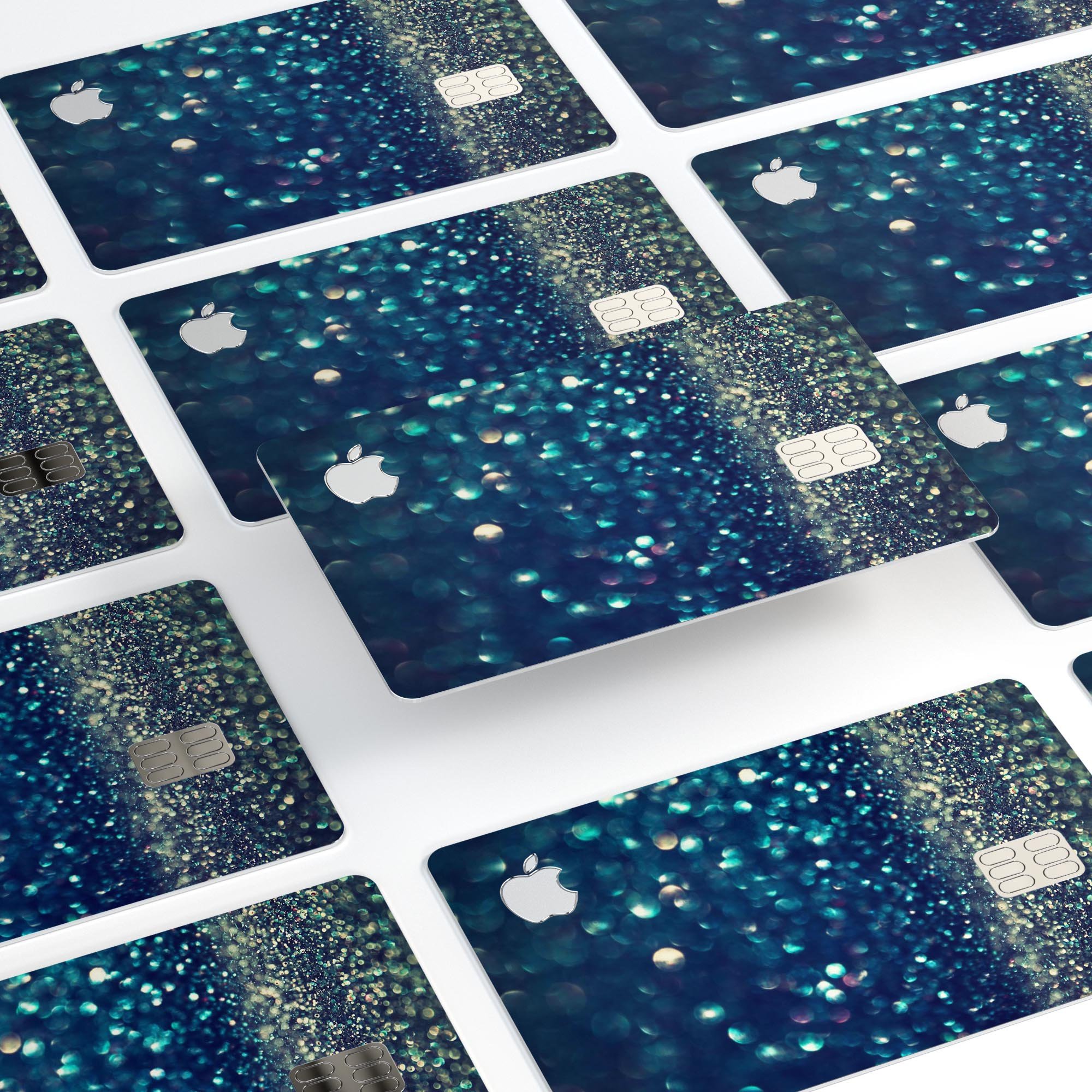 Navy and Gold Unfocused Sparkles of Light decal on an Apple Card, showcasing its vibrant design and premium finish.