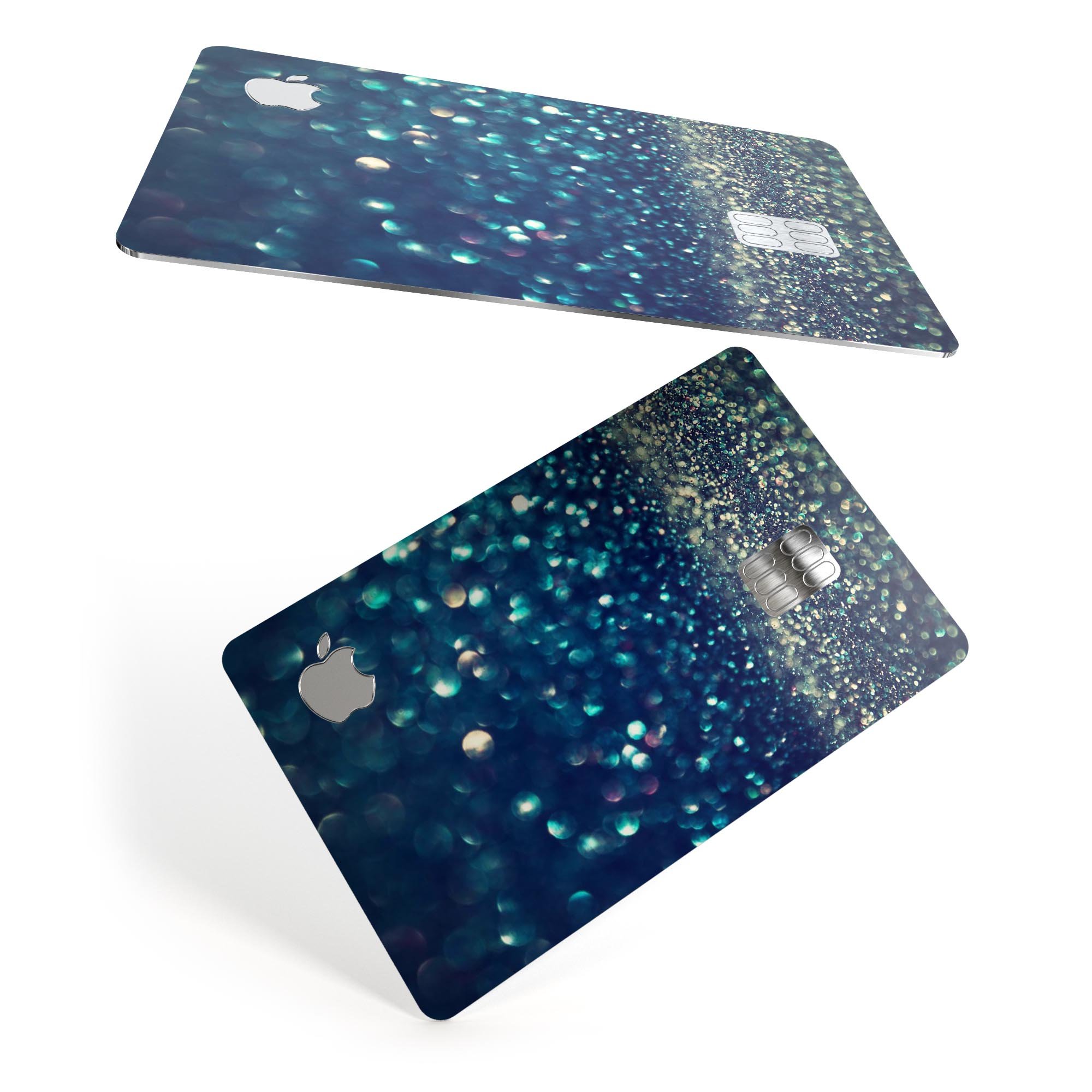 Navy and Gold Unfocused Sparkles of Light decal on an Apple Card, showcasing its vibrant design and premium finish.