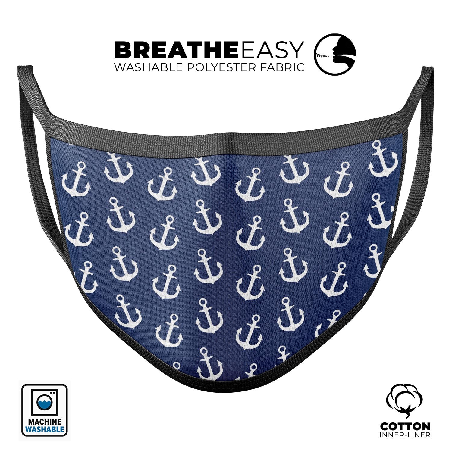 Navy and white micro anchors design on a reusable 3D face mask, made in the USA, showcasing adjustable ear loops and soft cotton interior.