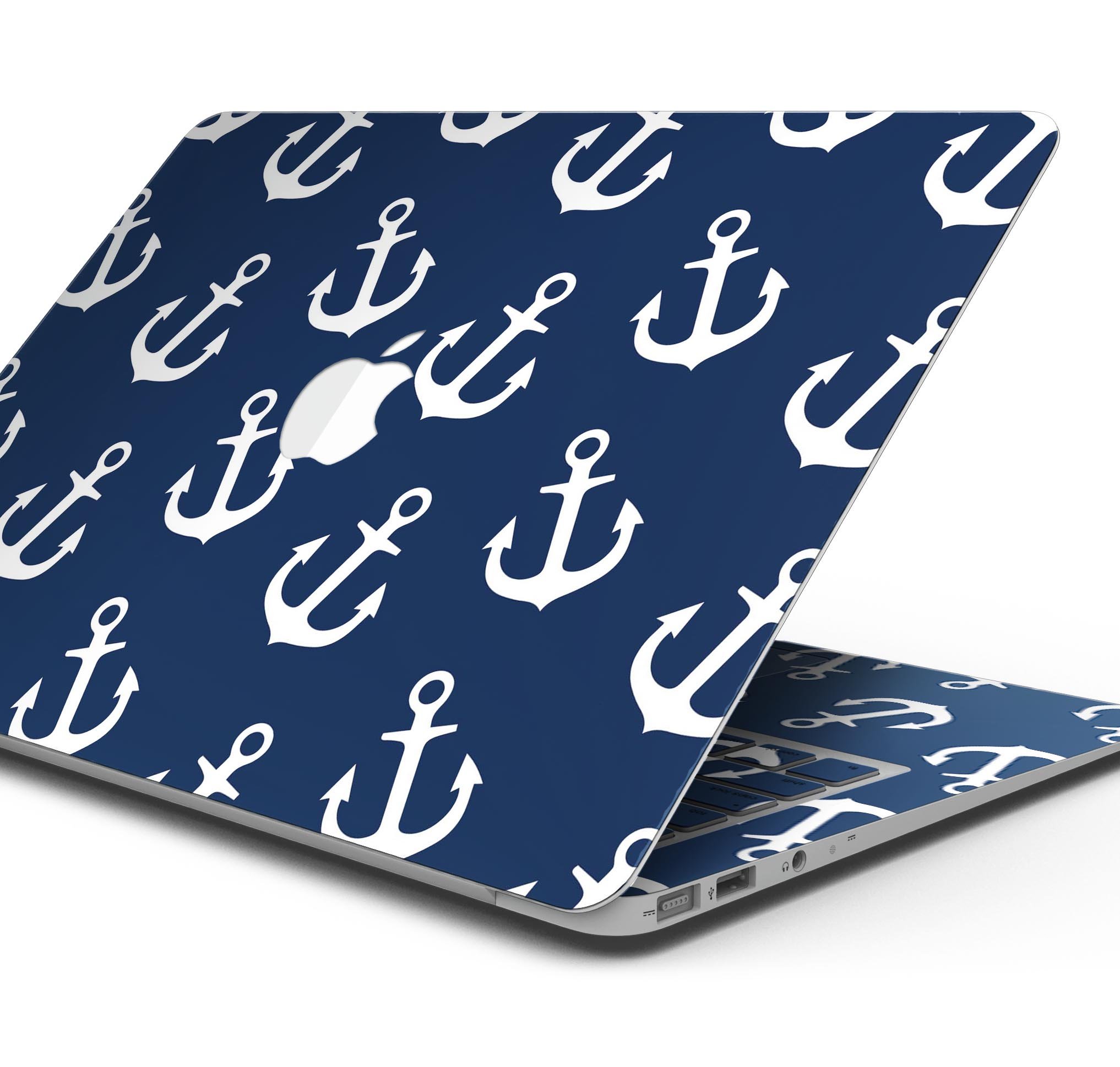 Navy and White Micro Anchors skin decal wrap kit for MacBook, showcasing a stylish design and premium vinyl material.