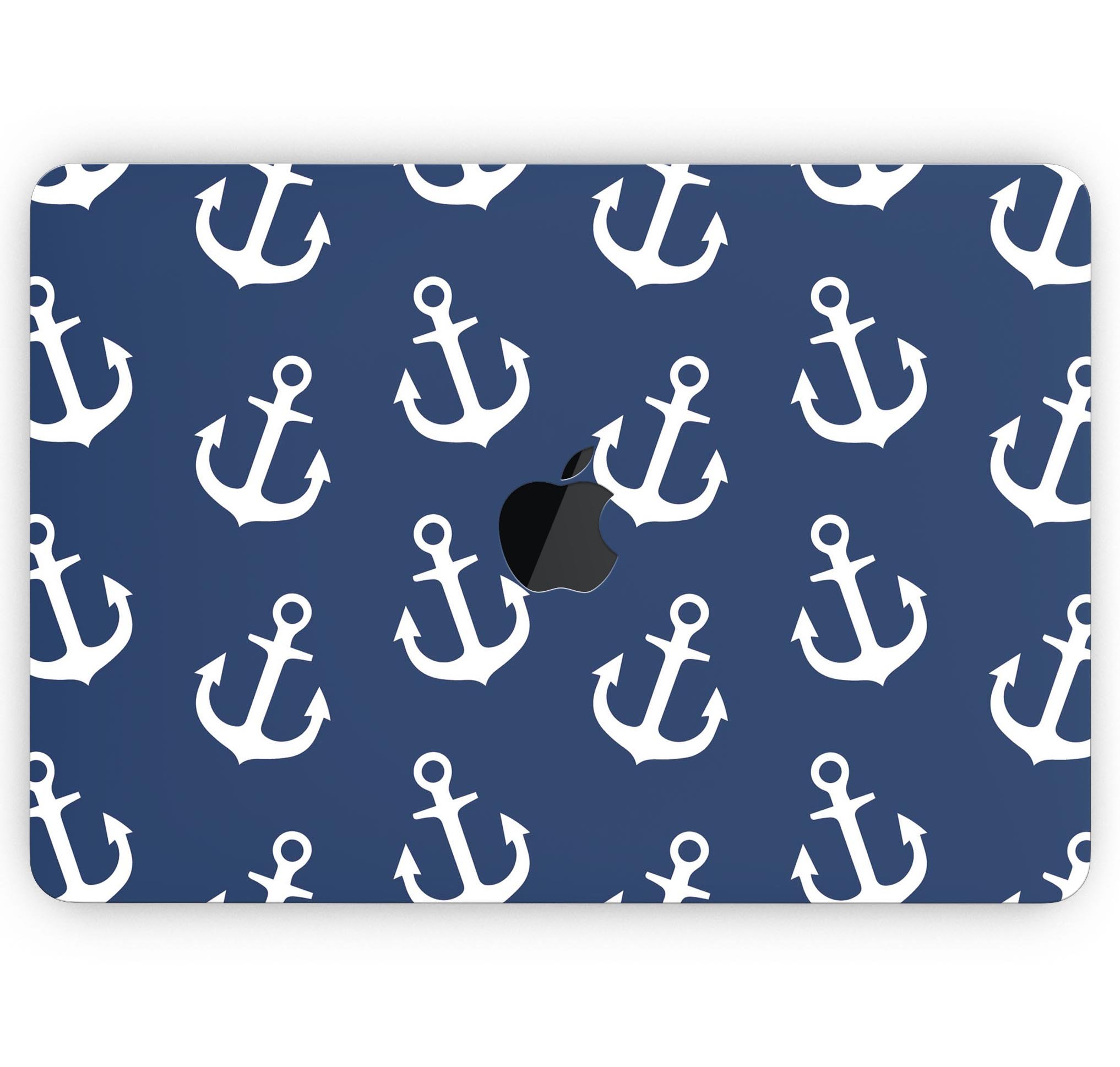 Navy and White Micro Anchors skin decal wrap kit for MacBook, showcasing a stylish design and premium vinyl material.