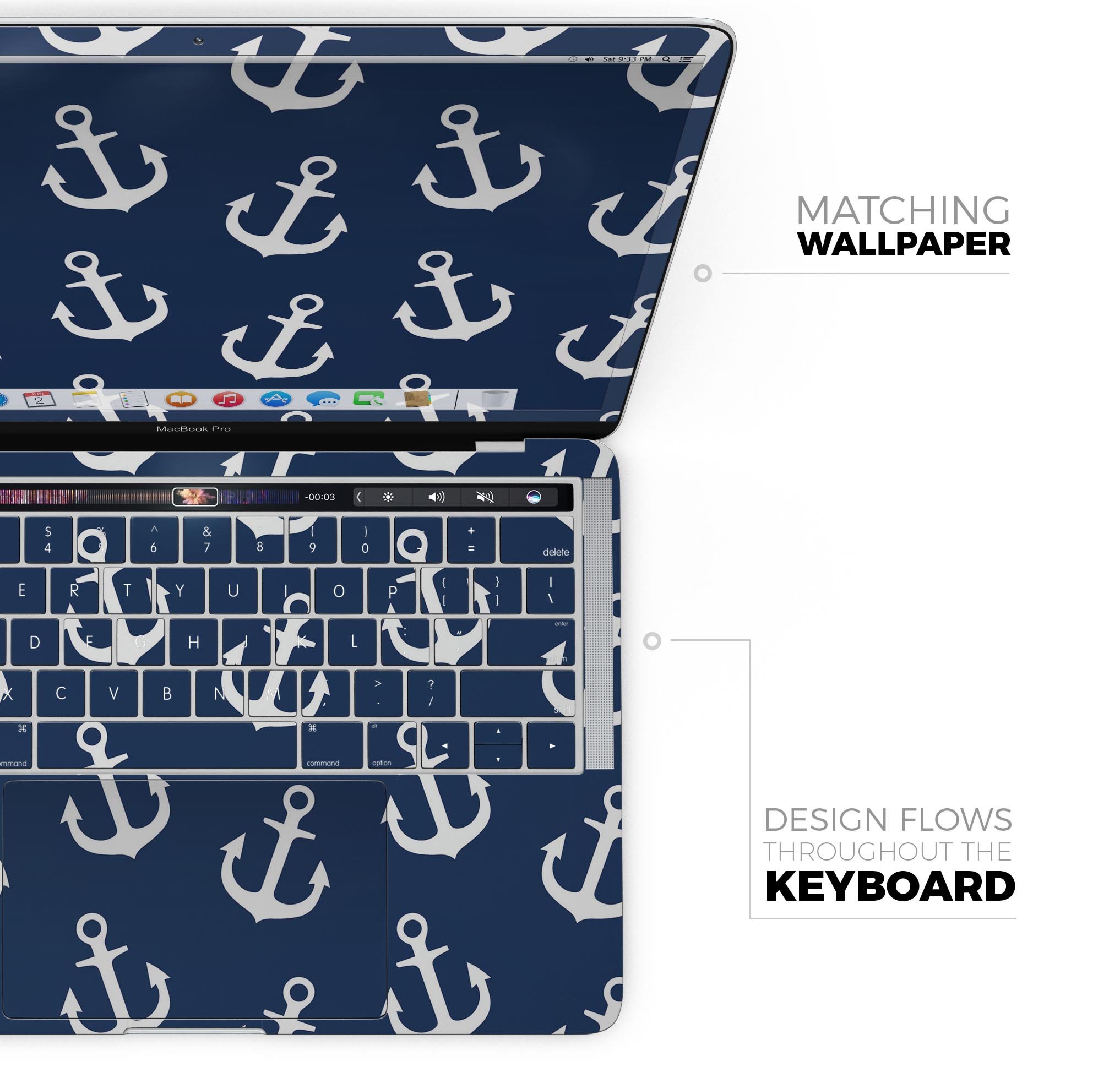 Navy and White Micro Anchors skin decal wrap kit for MacBook, showcasing a stylish design and premium vinyl material.