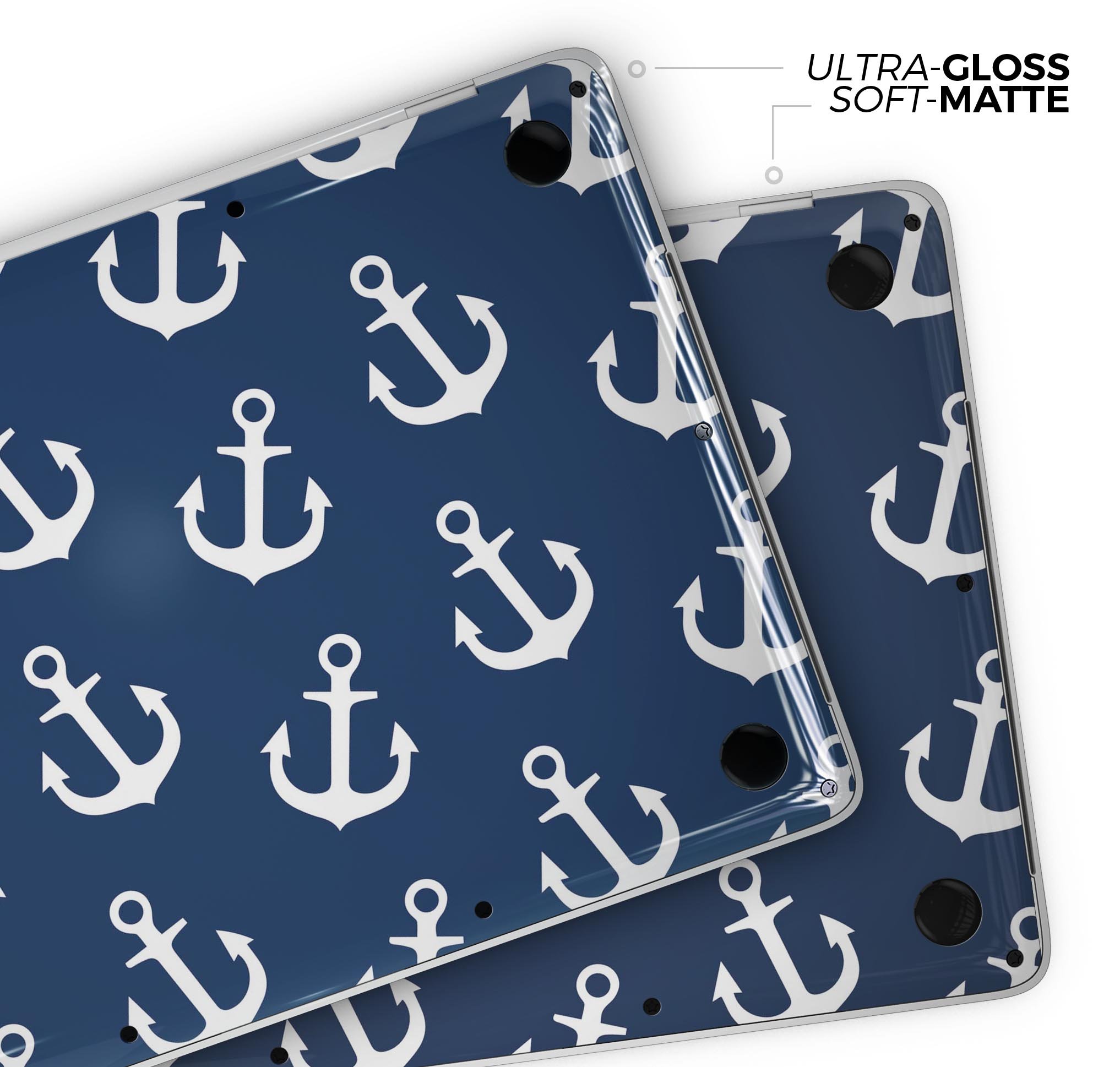 Navy and White Micro Anchors skin decal wrap kit for MacBook, showcasing a stylish design and premium vinyl material.