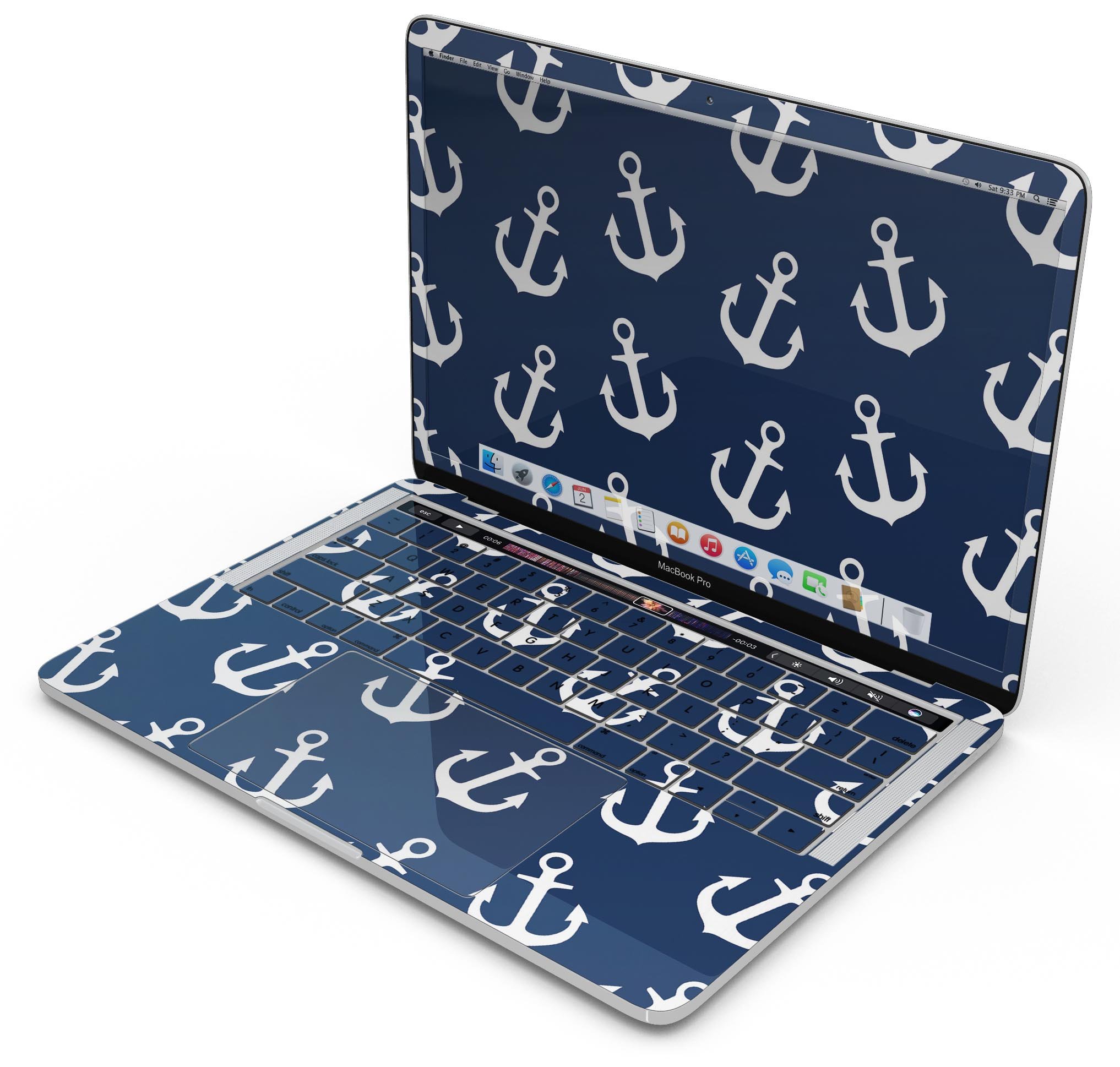 Navy and White Micro Anchors skin decal wrap kit for MacBook, showcasing a stylish design and premium vinyl material.