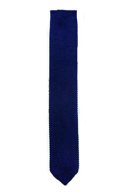 A stylish navy blue knitted tie with a pointed end, made from durable polyester, showcasing its elegant design.