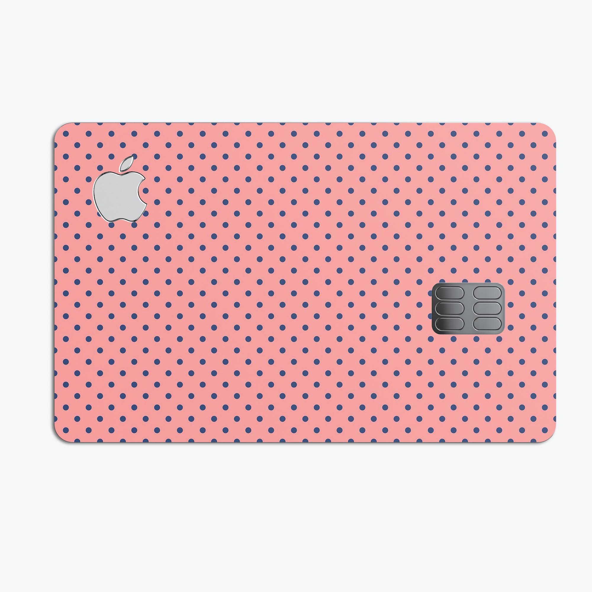 Navy Blue Micro Polka Dots decal on a coral background, designed for Apple Card protection.