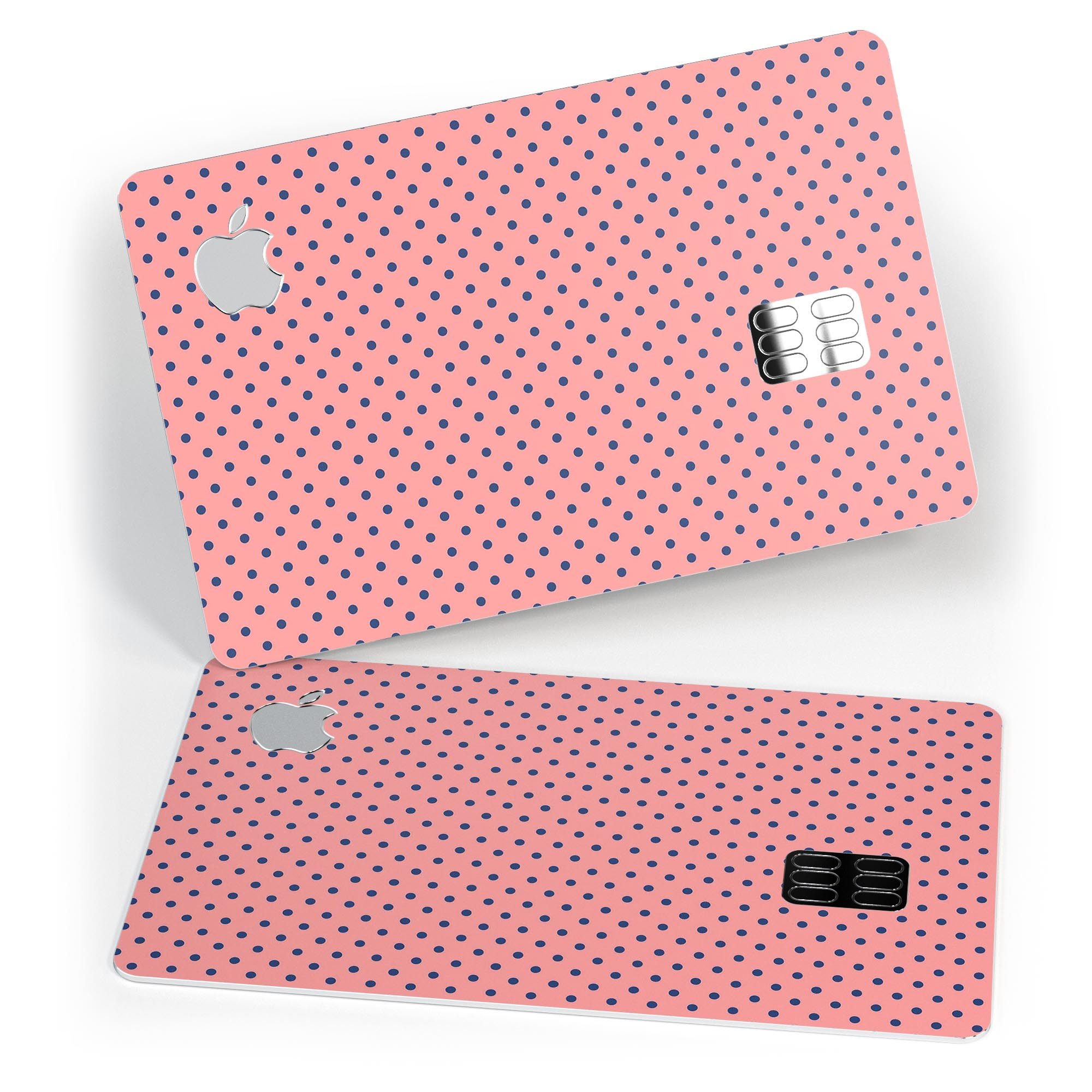 Navy Blue Micro Polka Dots decal on a coral background, designed for Apple Card protection.