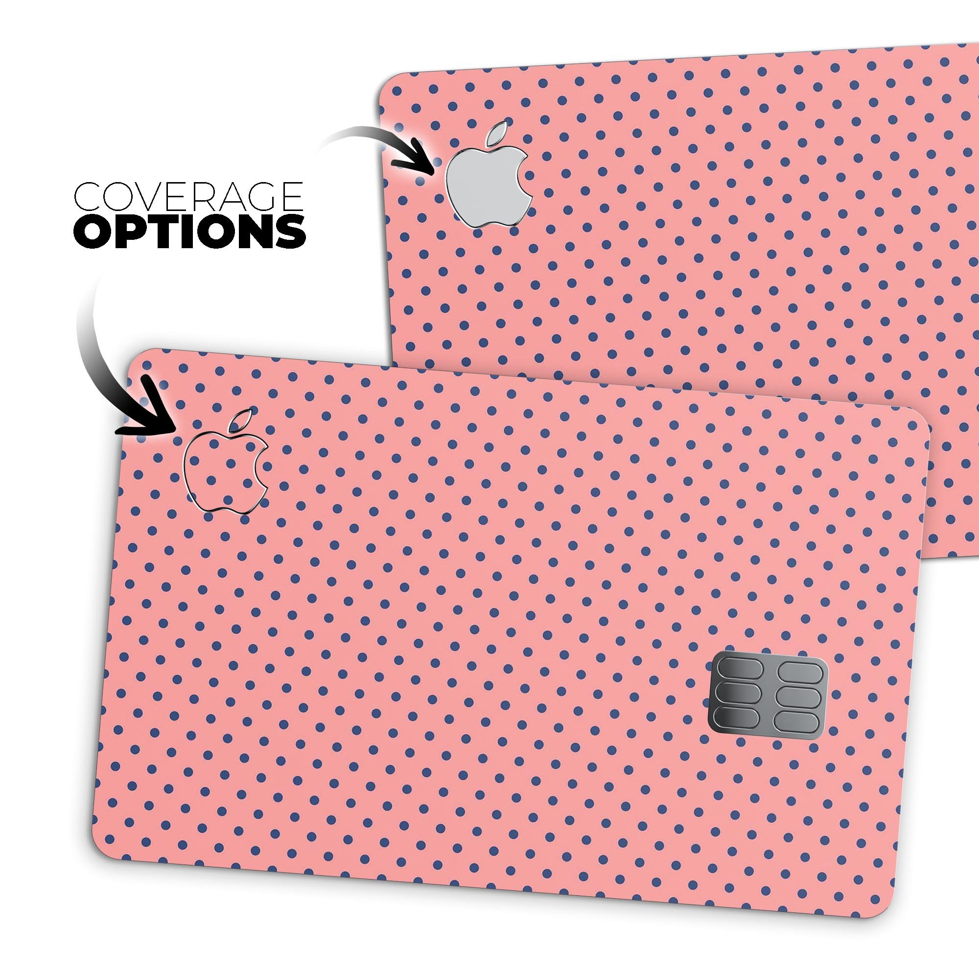 Navy Blue Micro Polka Dots decal on a coral background, designed for Apple Card protection.