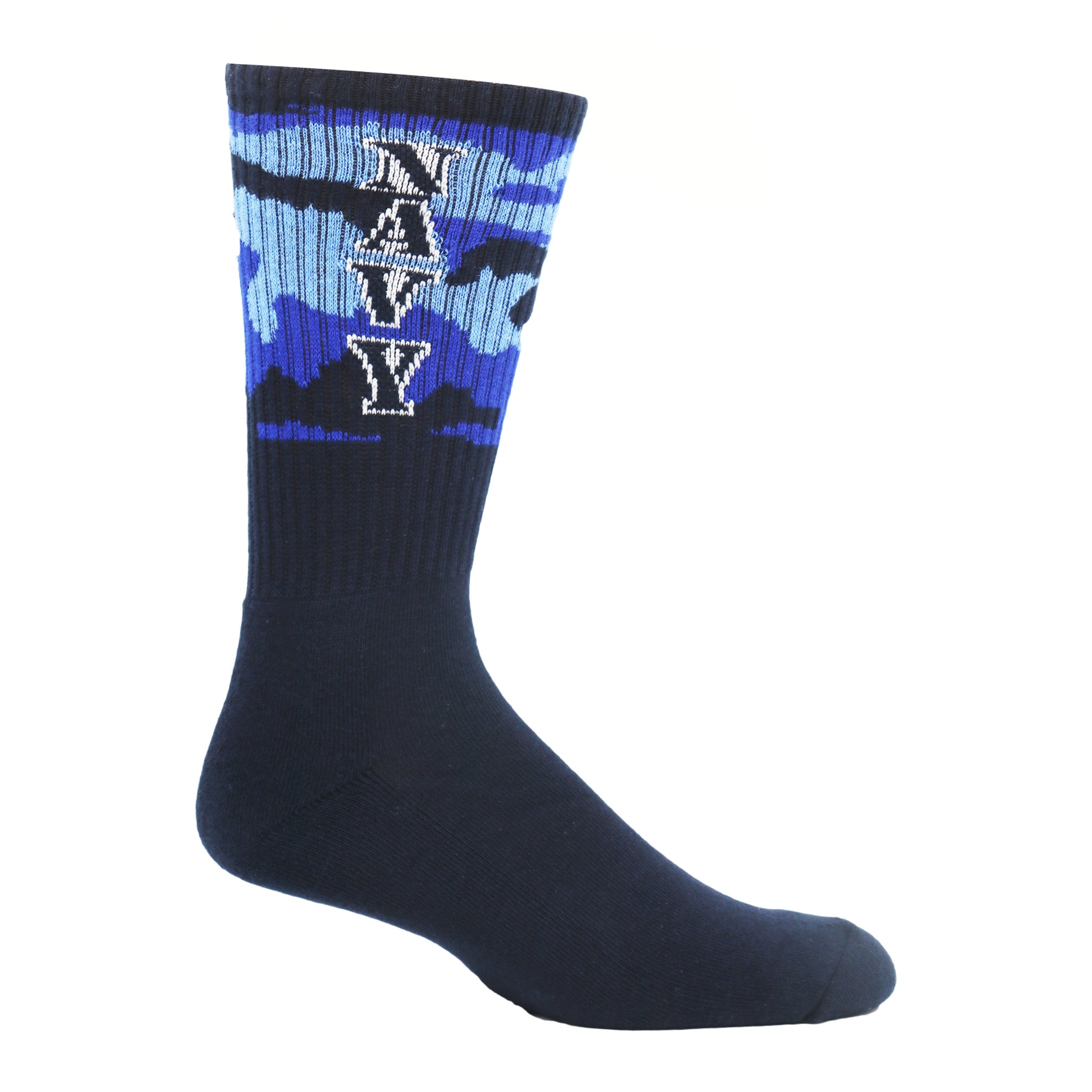 A pair of navy crew socks featuring camouflage design and 'Navy' text on the side, made from premium pima cotton.