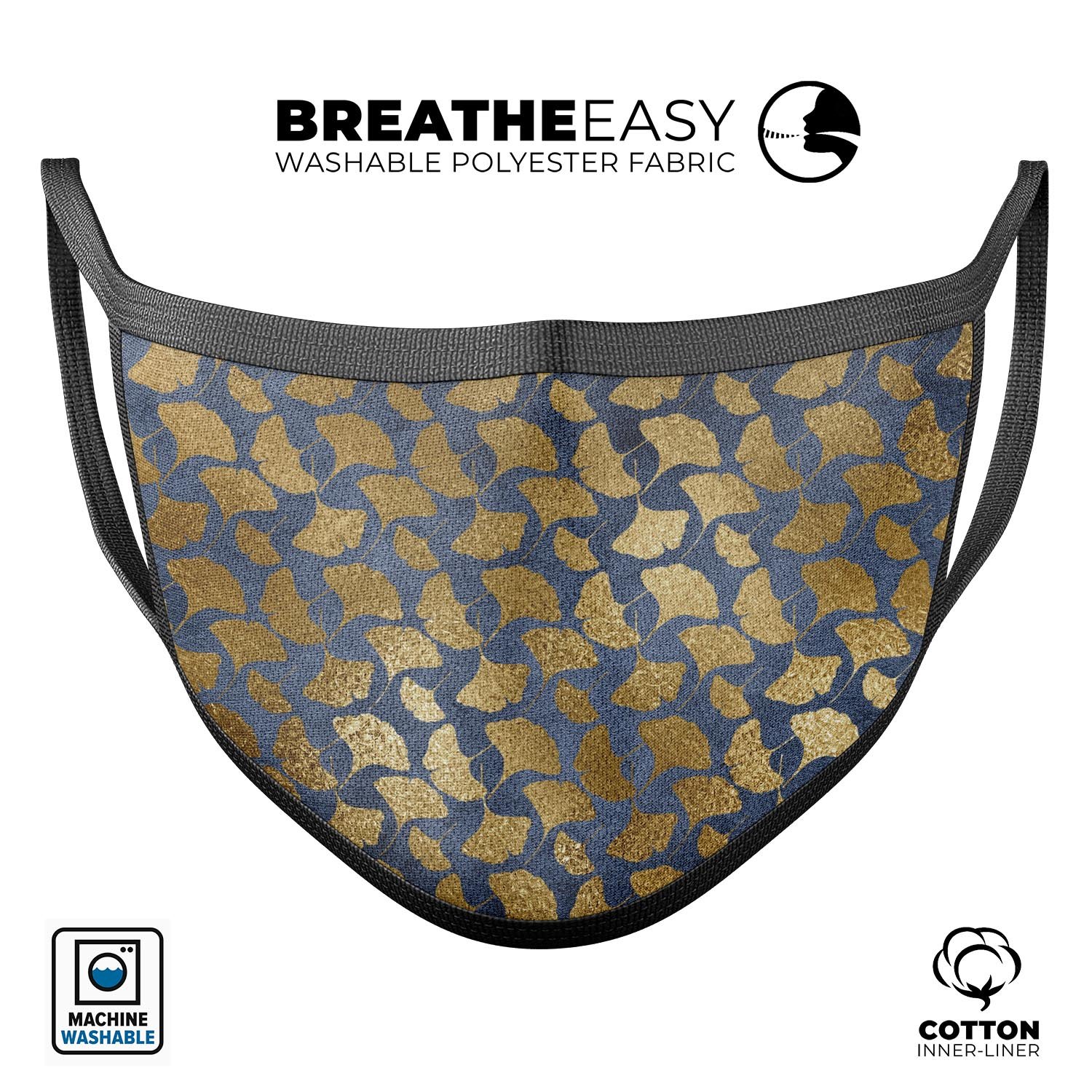 Navy Gold Foil v10 mouth cover, unisex design, made in USA, featuring adjustable ear loops and soft cotton material.