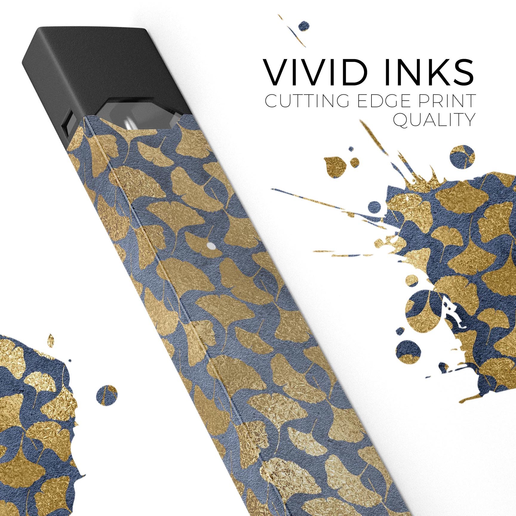 Navy Gold Foil v10 premium decal skin-wrap sticker for JUUL device, showcasing its elegant design and protective features.