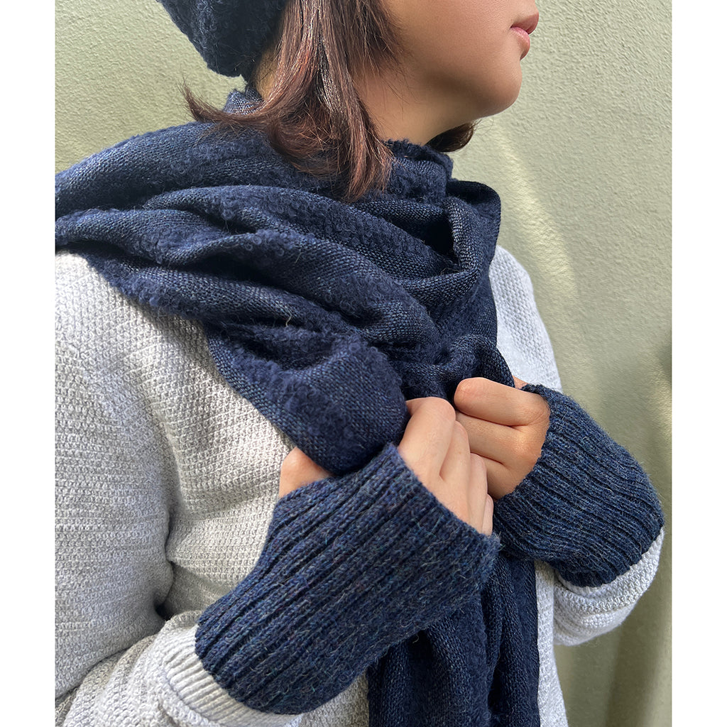 Navy Minimalist Alpaca Gloves showcasing fingerless design and ribbed texture, made from 100% alpaca fiber.