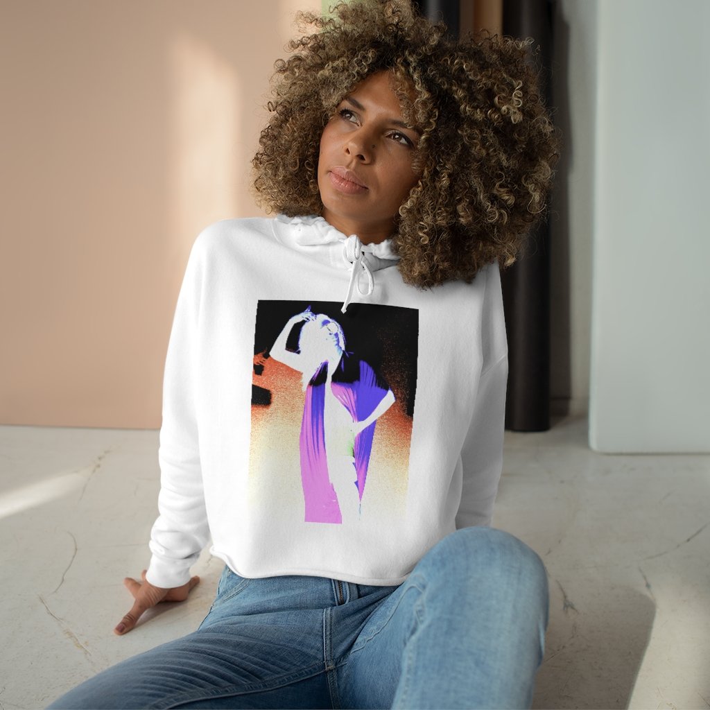 A stylish Neon Bella Crop Hoodie made from soft fleece, featuring a relaxed fit and vibrant printed surfaces, perfect for casual wear.