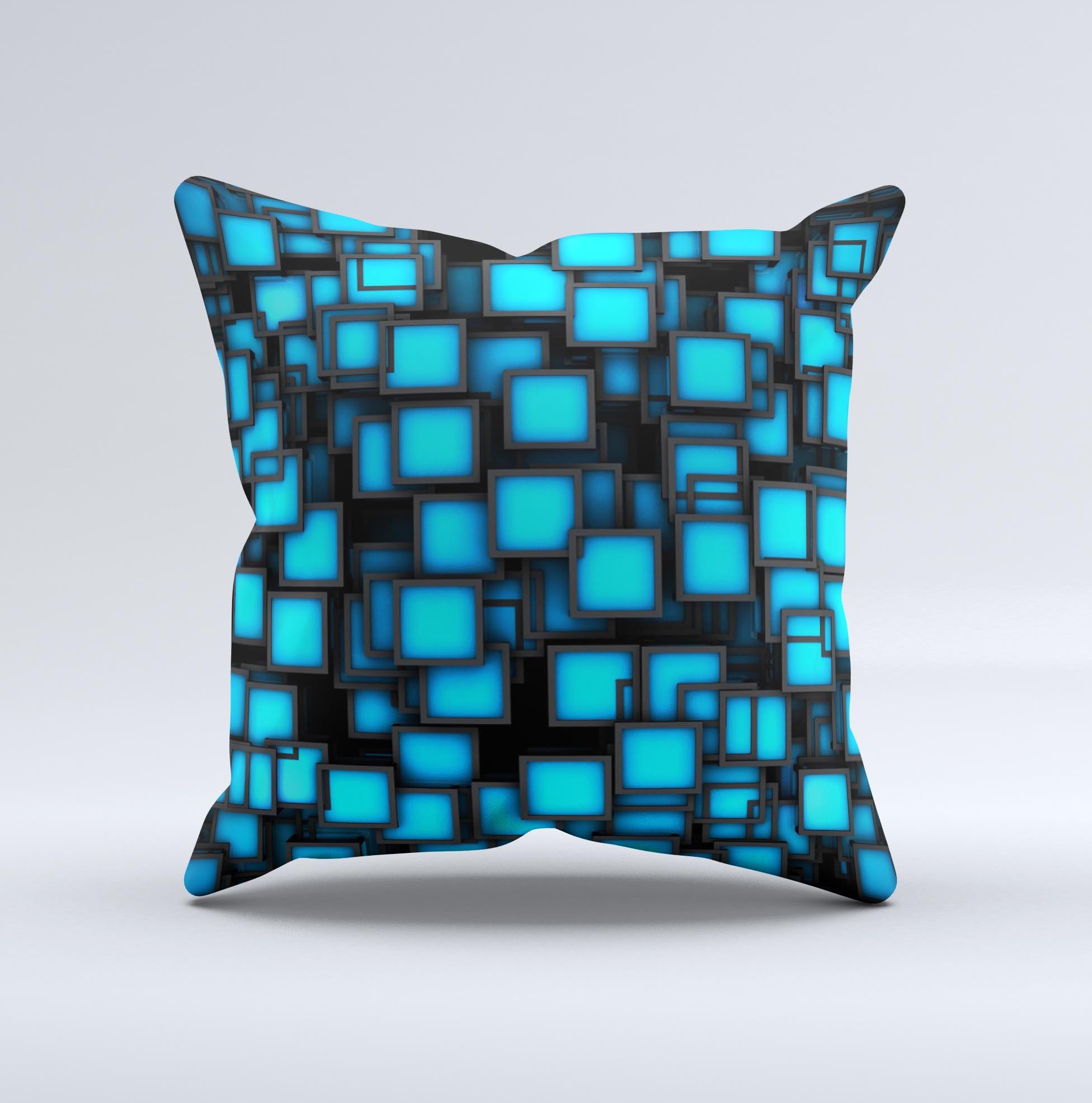 Neon blue decorative throw pillow featuring abstract cube designs, handcrafted in Virginia with high-quality materials.