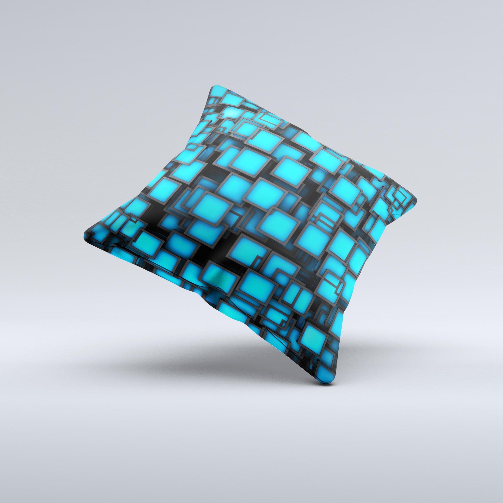 Neon blue decorative throw pillow featuring abstract cube designs, handcrafted in Virginia with high-quality materials.