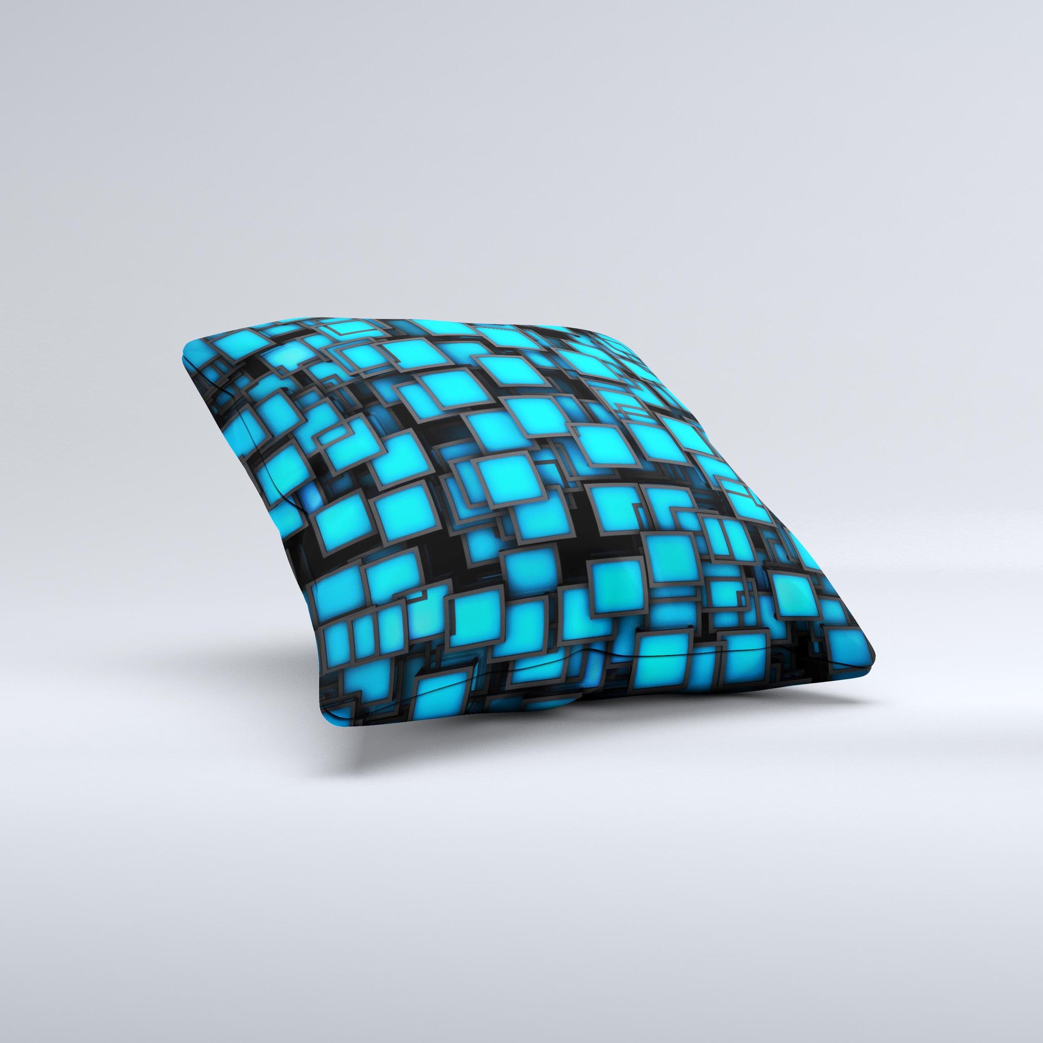 Neon blue decorative throw pillow featuring abstract cube designs, handcrafted in Virginia with high-quality materials.