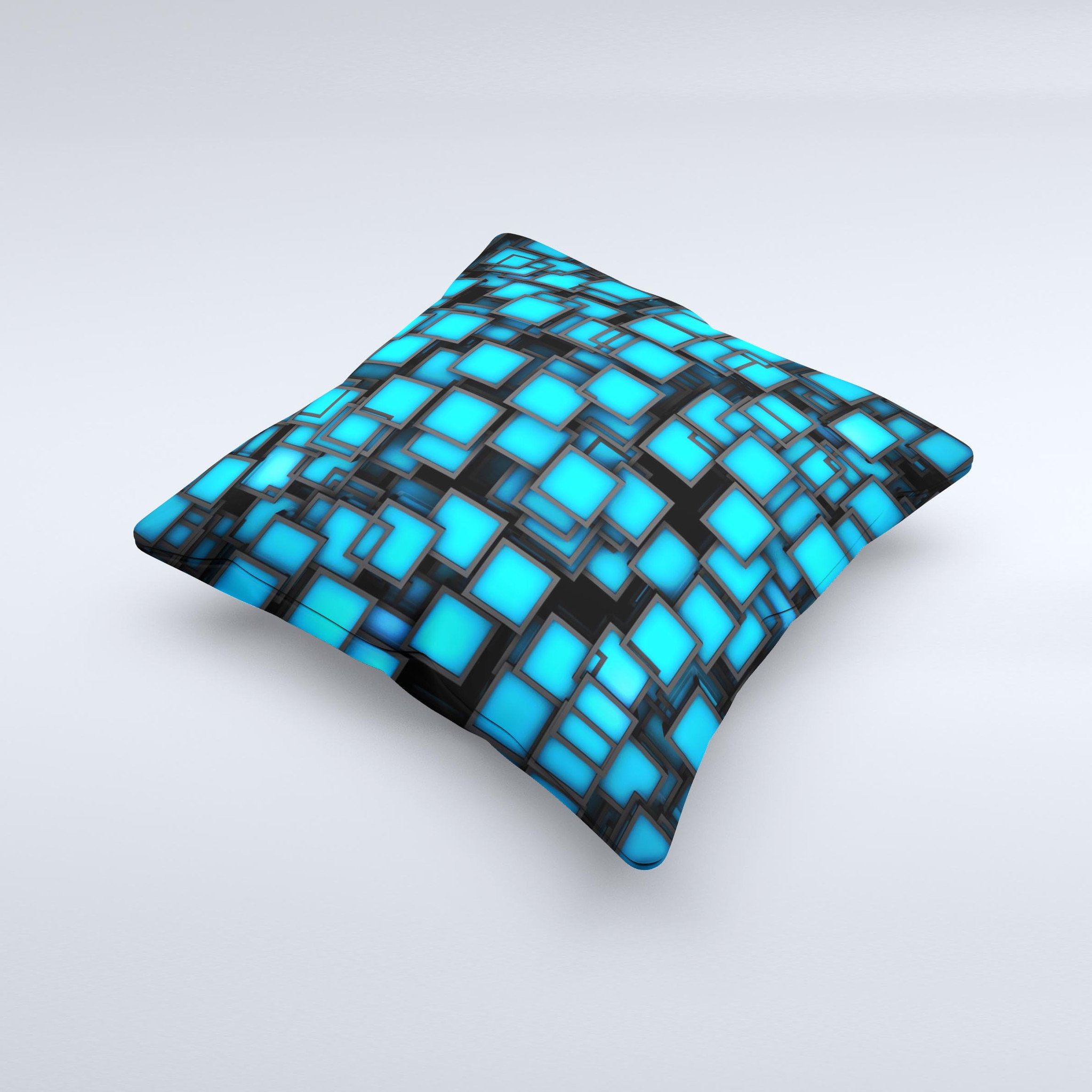 Neon blue decorative throw pillow featuring abstract cube designs, handcrafted in Virginia with high-quality materials.