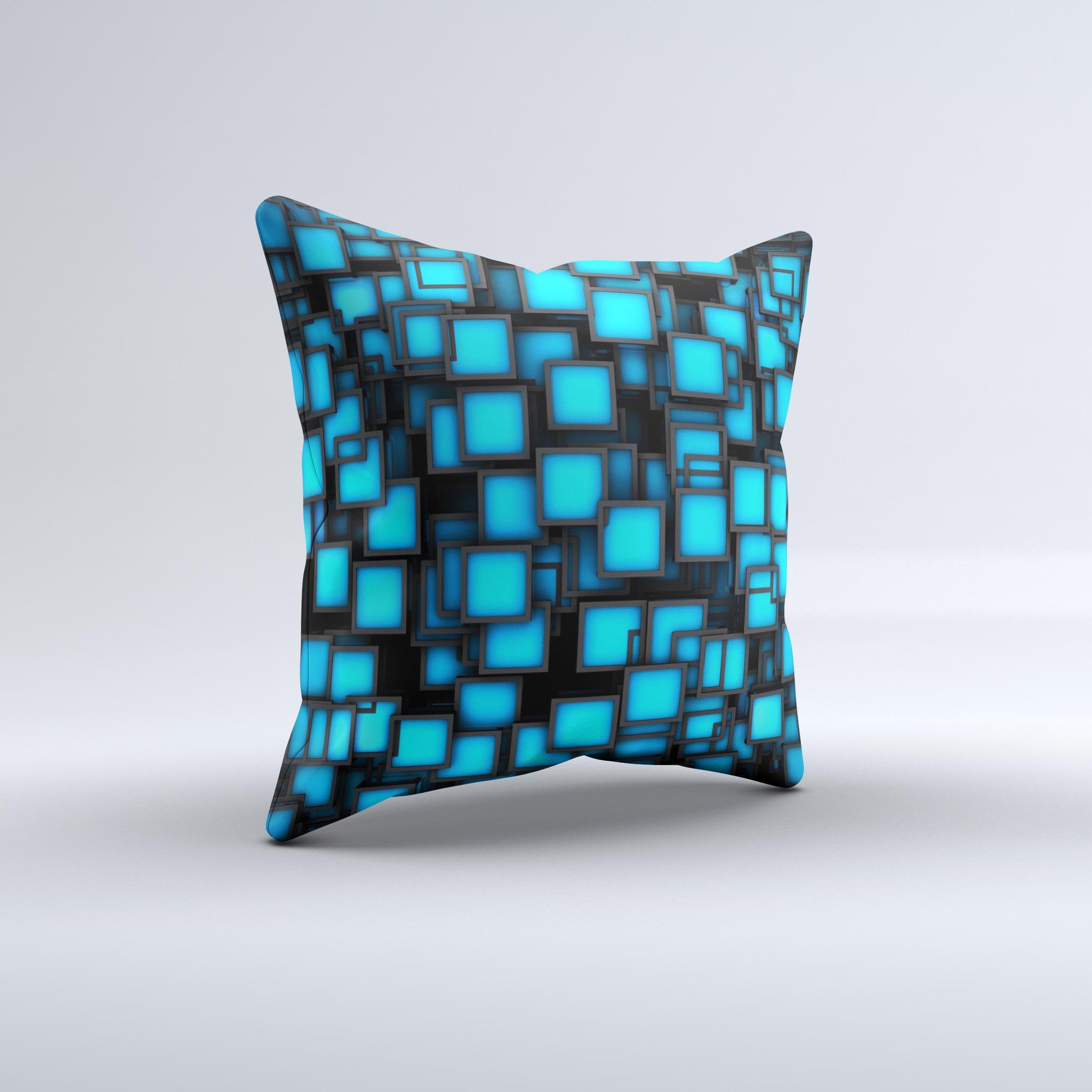 Neon blue decorative throw pillow featuring abstract cube designs, handcrafted in Virginia with high-quality materials.