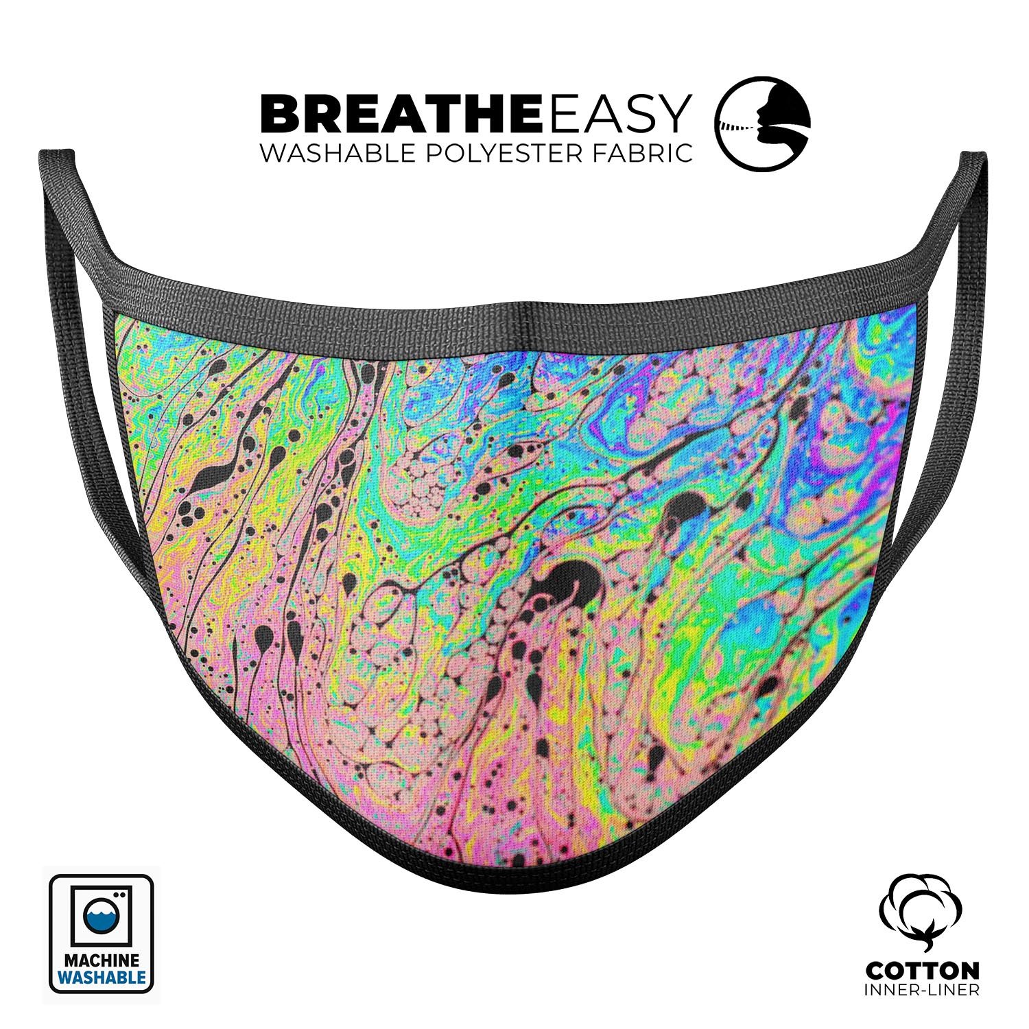 Neon Color Fusion face mask with black splatters, showcasing vibrant colors and adjustable ear loops.