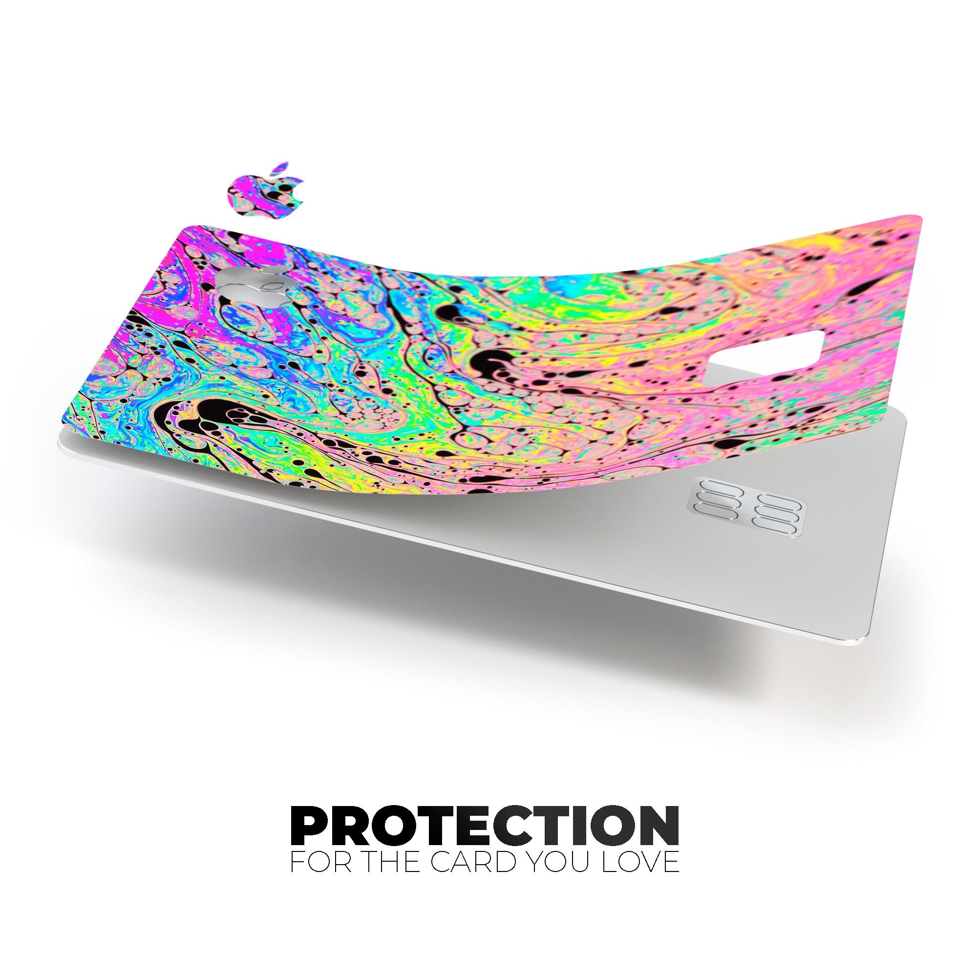 Neon Color Fusion decal with black splatters applied on an Apple Card, showcasing vibrant colors and stylish design.