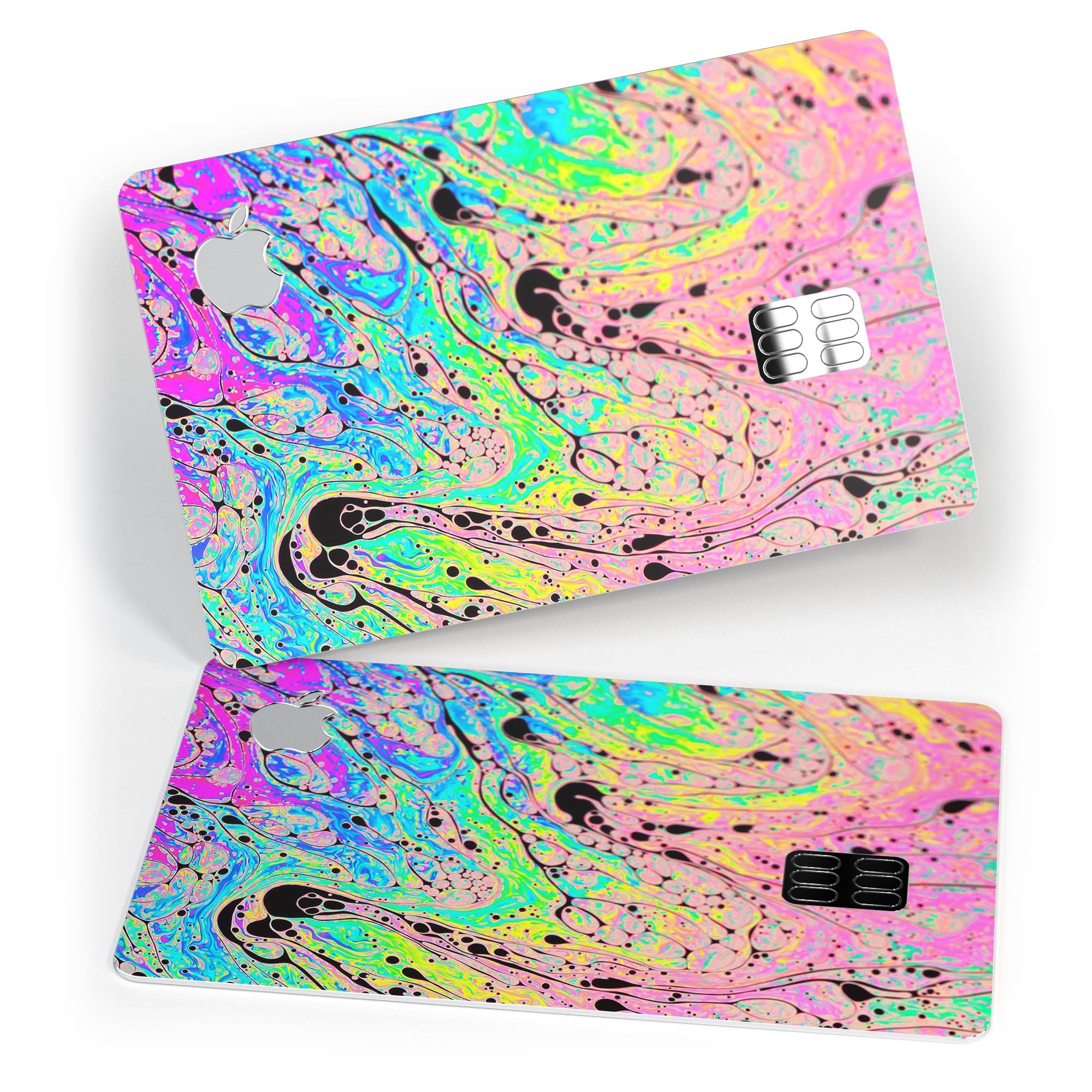 Neon Color Fusion decal with black splatters applied on an Apple Card, showcasing vibrant colors and stylish design.