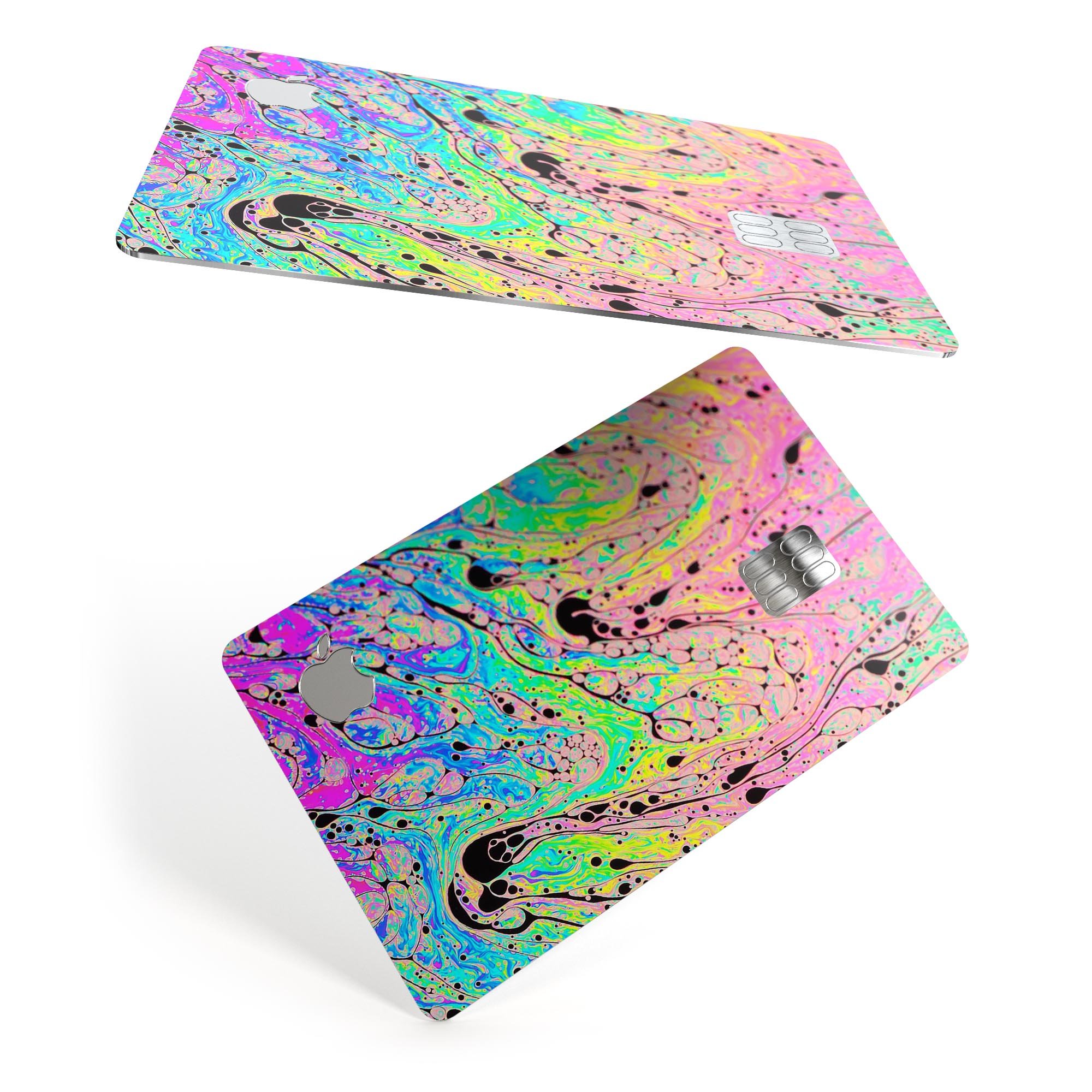 Neon Color Fusion decal with black splatters applied on an Apple Card, showcasing vibrant colors and stylish design.