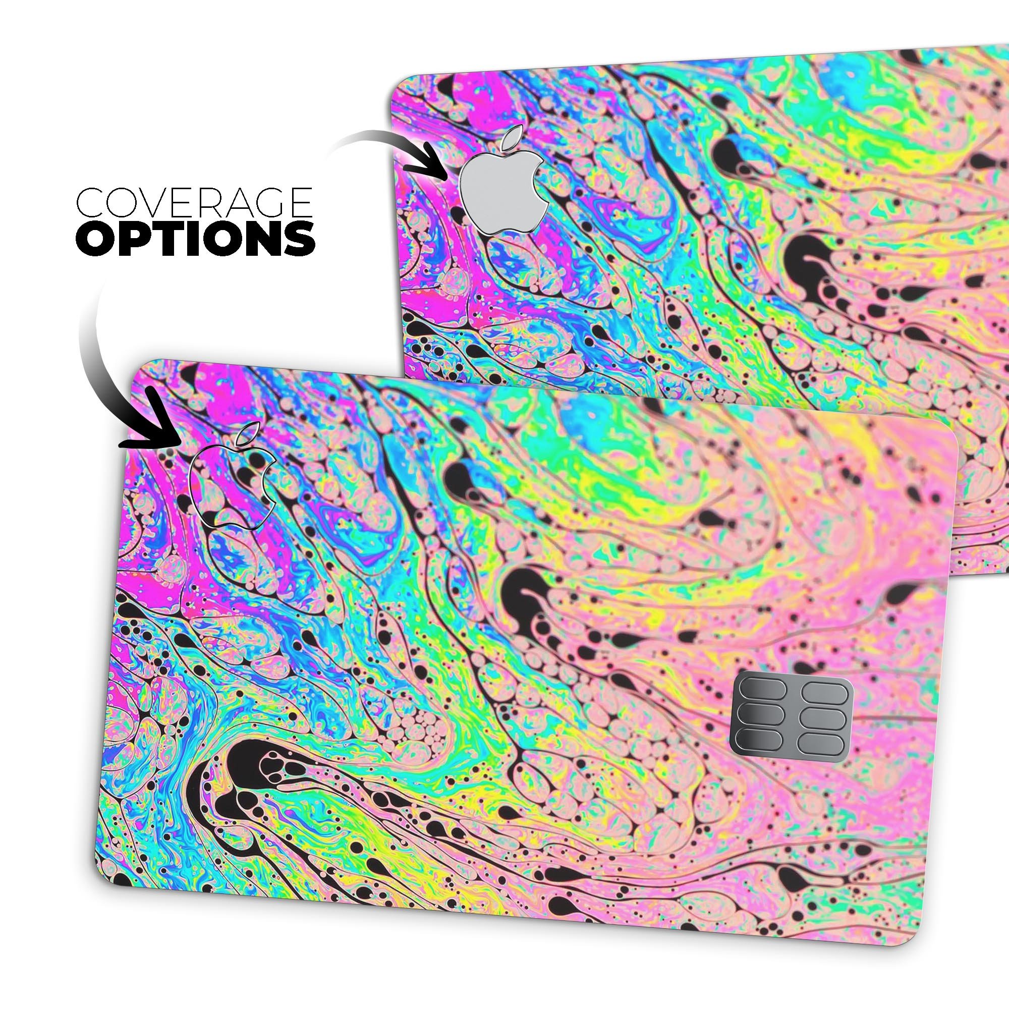 Neon Color Fusion decal with black splatters applied on an Apple Card, showcasing vibrant colors and stylish design.