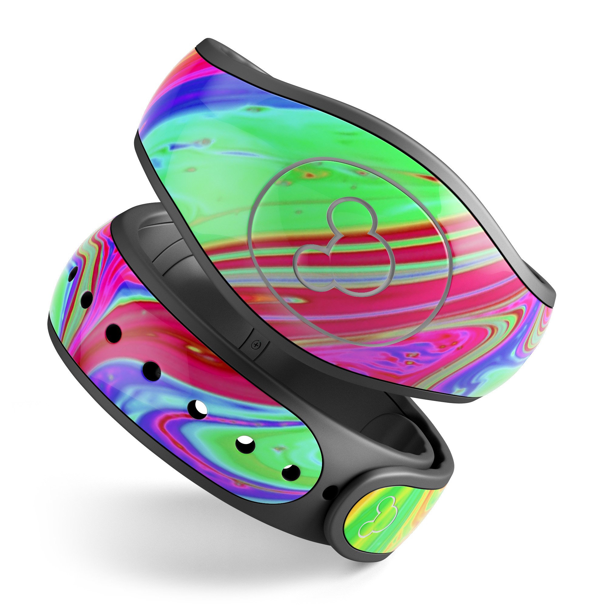 Neon Color Fusion V8 decal skin wrap kit for Disney Magic Band, showcasing vibrant colors and trendy designs.