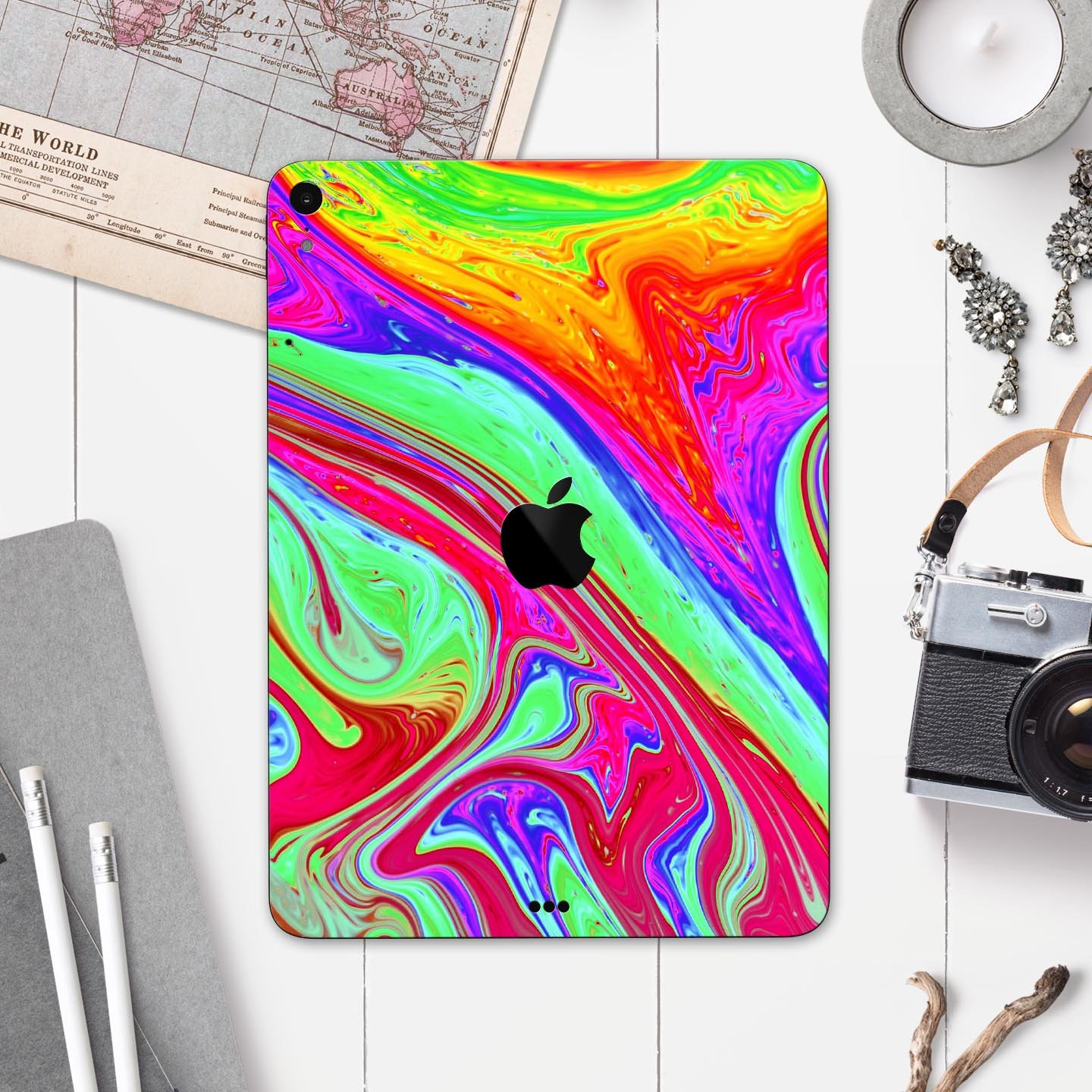 Neon Color Fusion V8 skin decal for Apple iPad Pro, showcasing vibrant colors and sleek design.